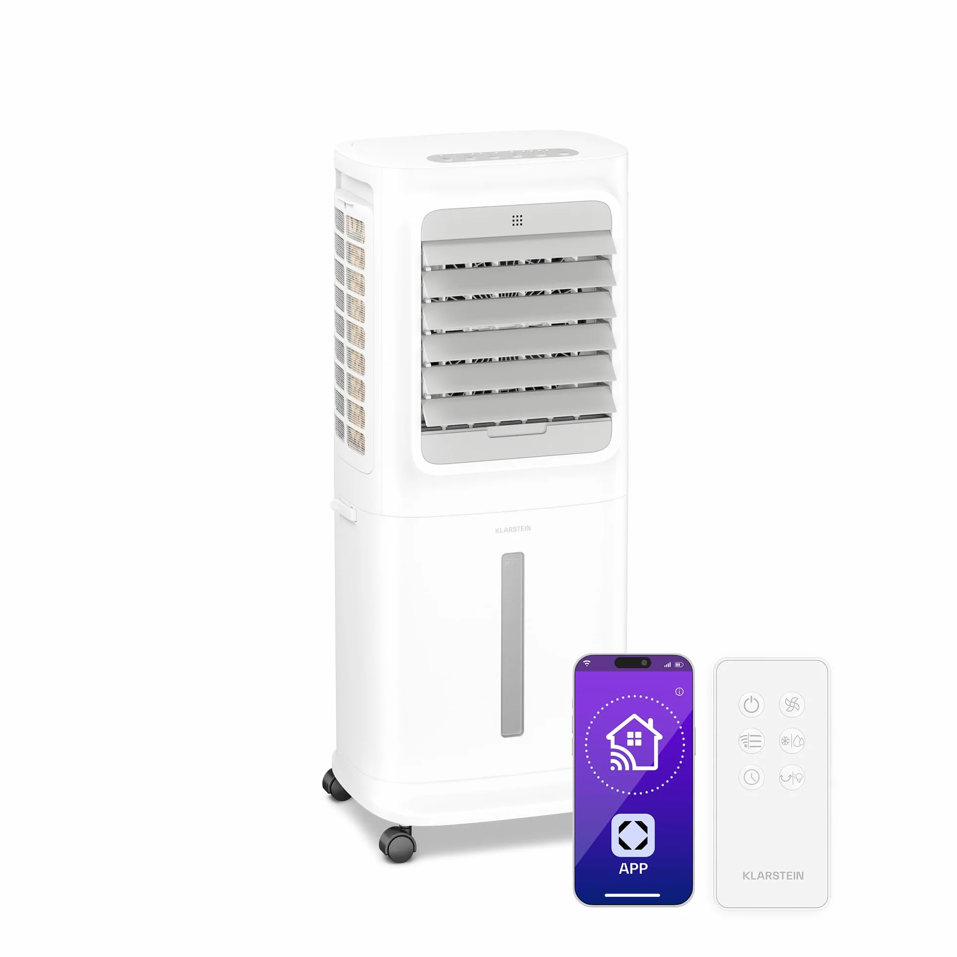 KLARSTEIN Climatizador Evaporativo, Ventilador con Agua 10L, Control App & Mando, 340 m³/h, Temporizador, Portátil para Hogar & Dormitorio, White