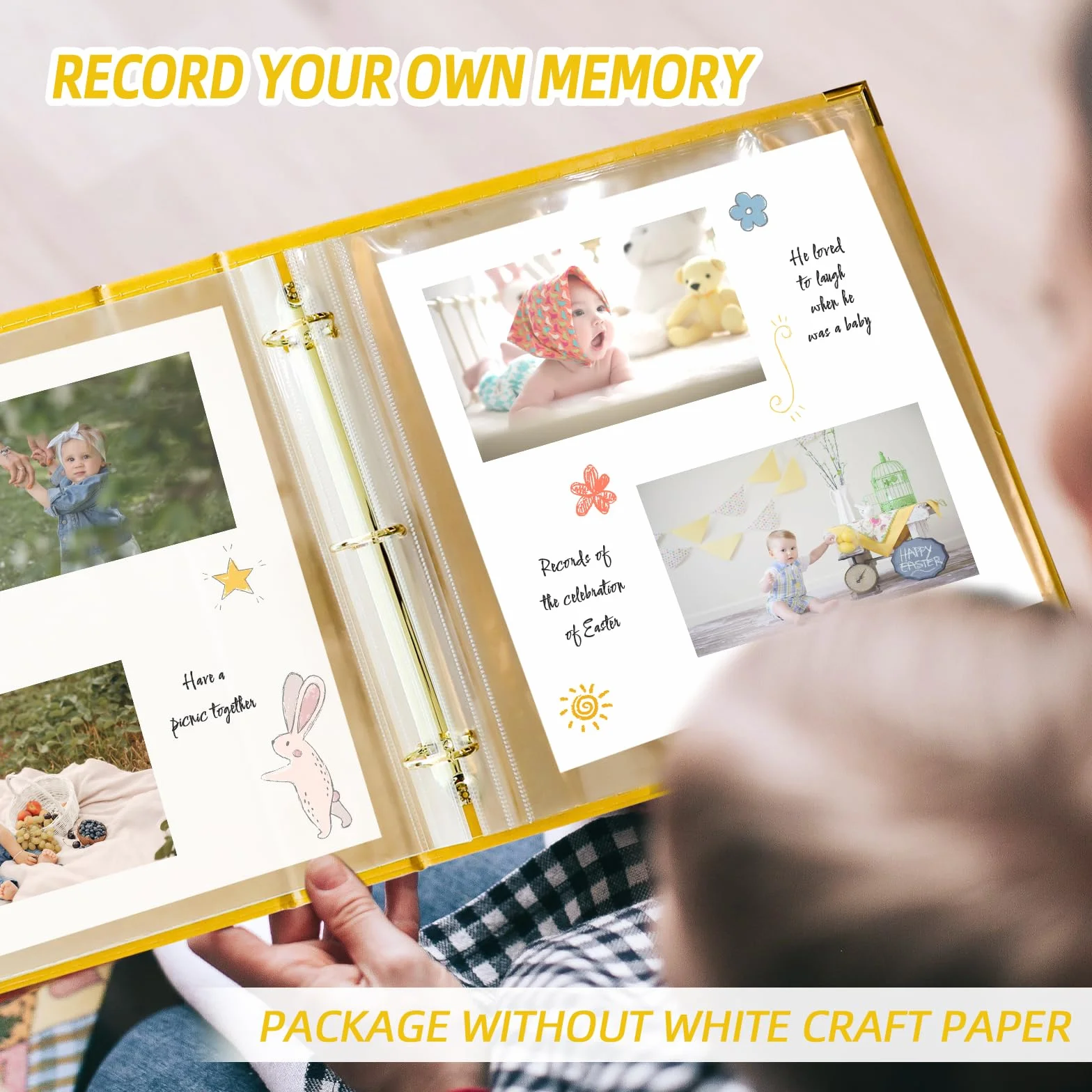 Álbum de fotos de 12 x 12 pulgadas, carpeta de 3 anillas, cubierta de piel, álbum de recortes de 12 x 12 pulgadas, anillo en D con 10 fundas de plástico, color amarillo