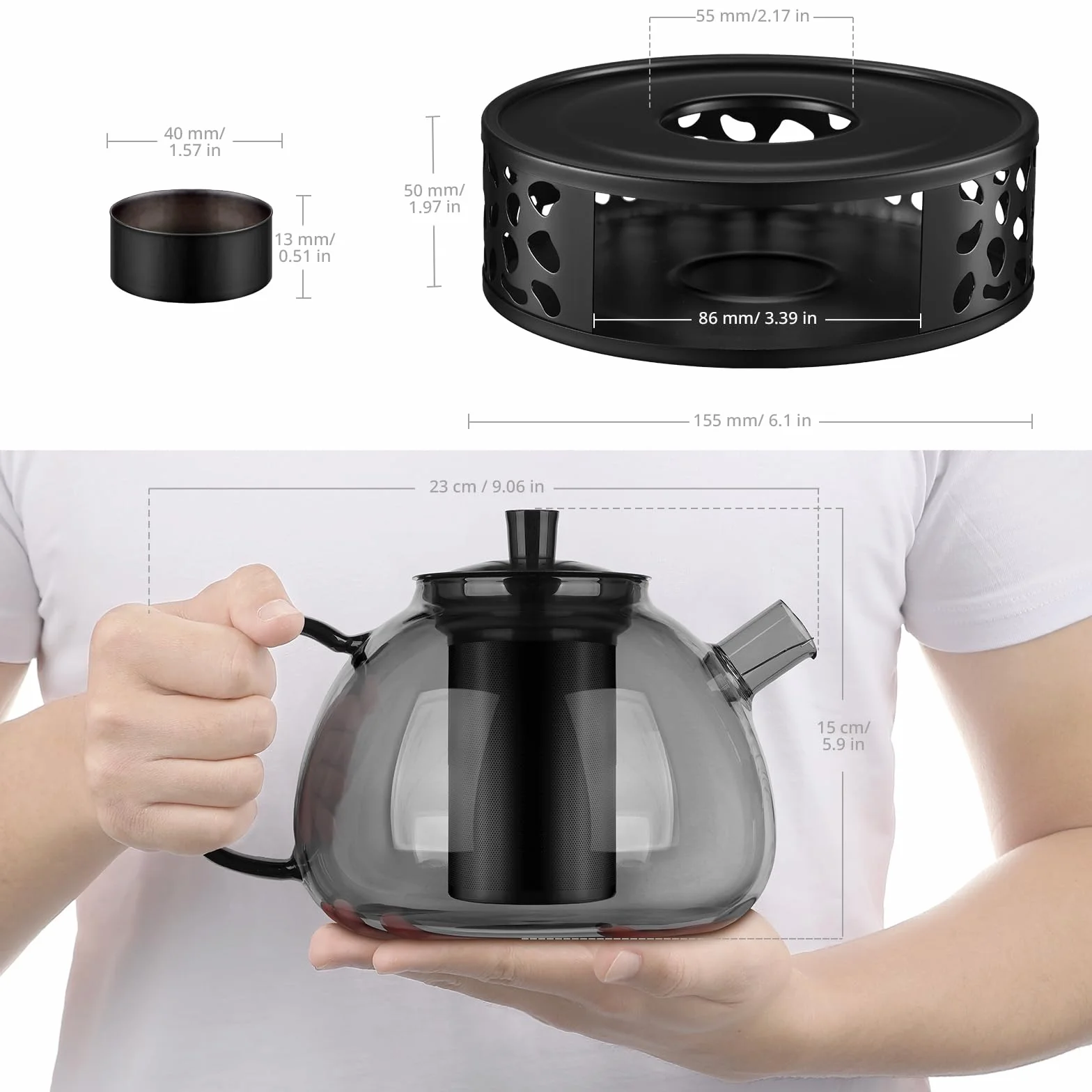 ecooe Tetera negra de 1500 ml de cristal de borosilicato con colador de acero inoxidable 18/8 extraíble resistente al calor para té negro, té verde, té de frutas, té perfumado