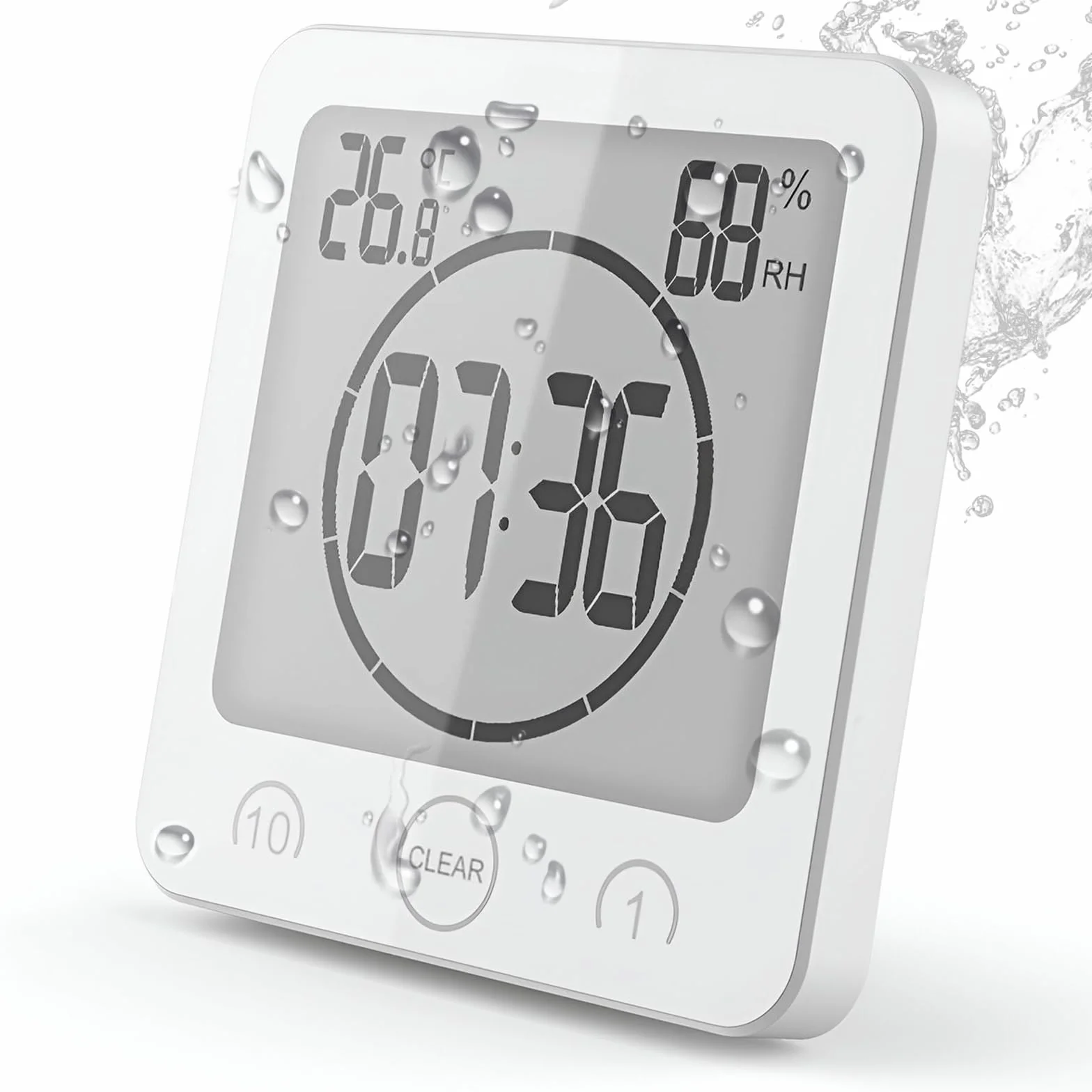 Reloj de Baño Digital con Temperatura Humedad, Alarma Impermeable, Temporizador LCD Control Táctil, Blanco