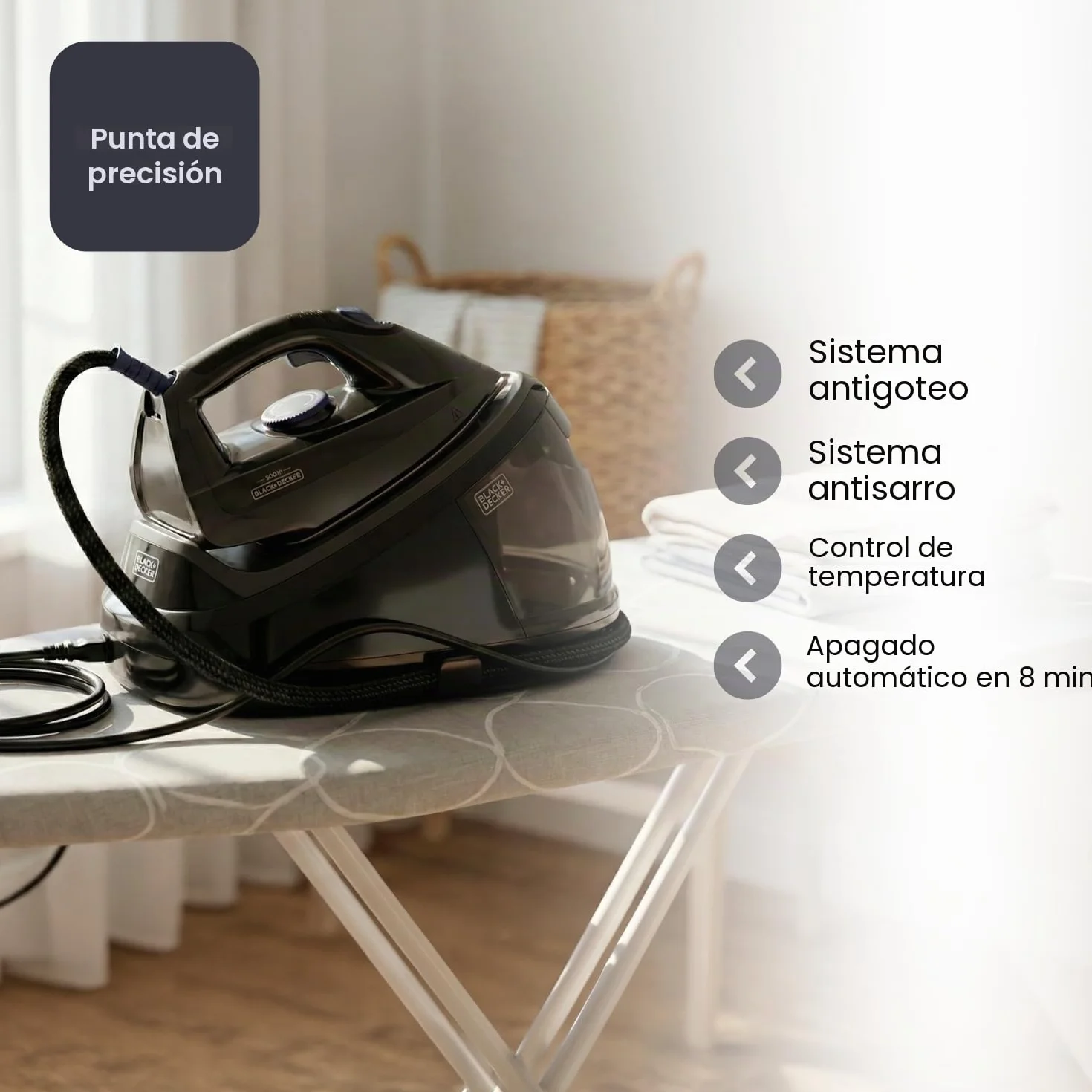 Black+Decker - Centro de Planchado BXSS2600E | 2600W | Presión 7 Bares | Vapor antimicrobiano | Depósito Extraíble 1.5L | Vapor Seco Continuo 130 g/min |Sistema Antical y Bloqueo | Modo ECO | Auto Off