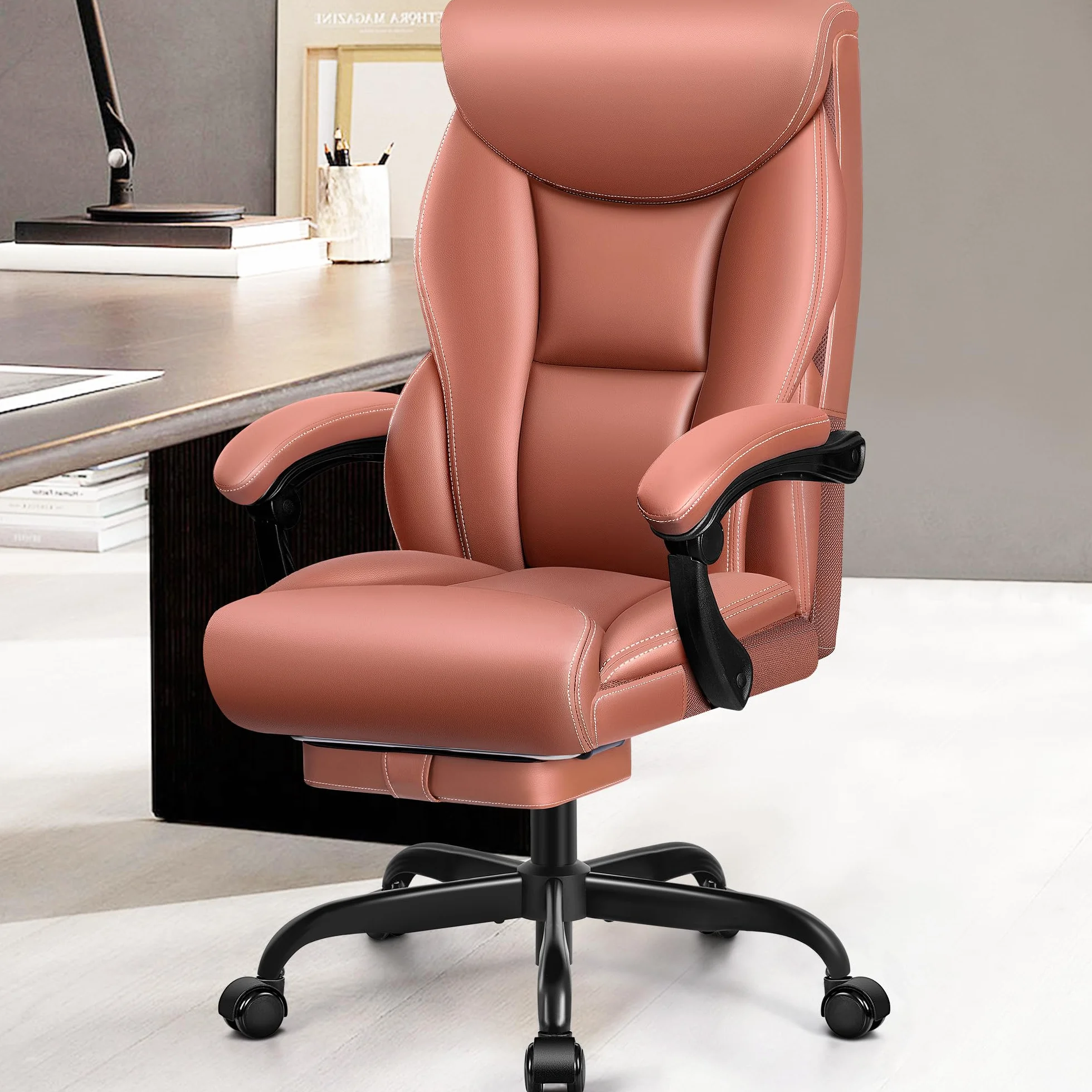 FelixKing Silla Ejecutiva, Cómoda Silla de Oficina Ergonómica, Silla Giratoria de Cuero PU, Silla de Ordenador con Respaldo Alto Ajustable y Reposapiés para Oficina en Casa y Juegos (Marrón Mate)