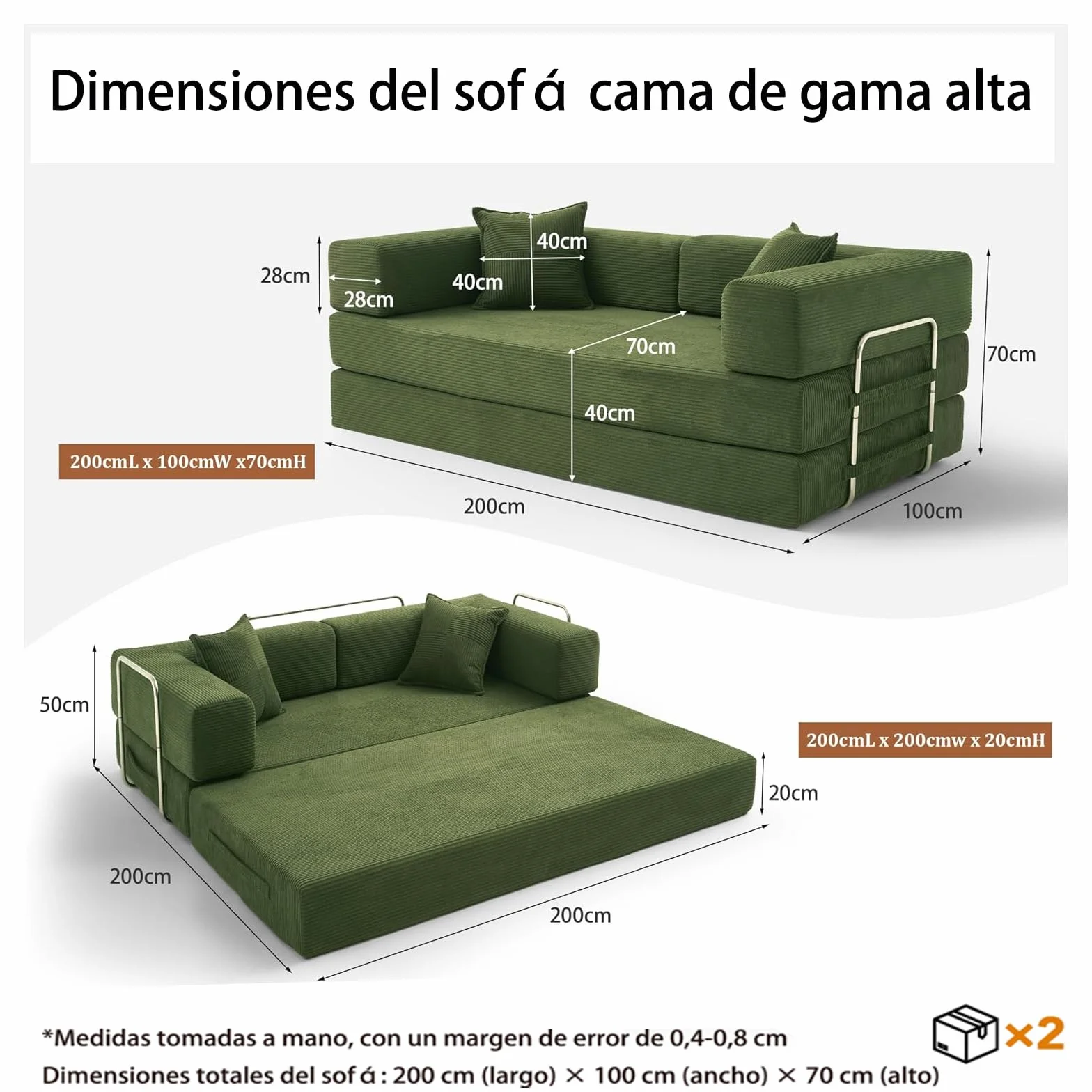 Vipbear 200cm Sofá Cama, Modular Desmontable Plegable 5 en 1,Confeccionado en Pana, Sofá Cama 3 Plazas Ideal para Espacios Reducidos, Verde | Convertible