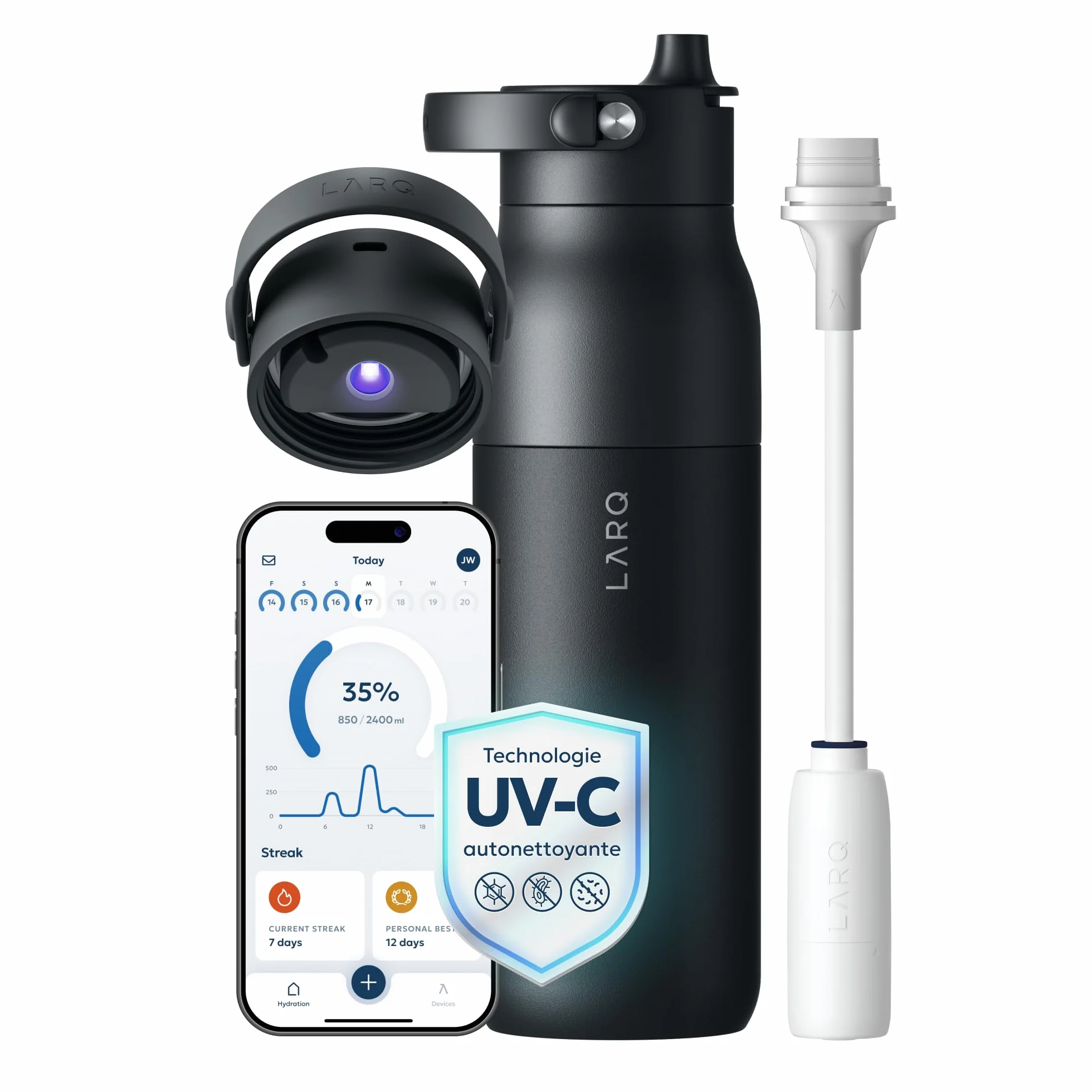 LARQ PureVis 2 Botella de Agua Inteligente con Filtro - Autolimpiable UV, Seguimiento de Hidratación vía App, Acero Inoxidable Aislado – Garantía 2 Años – 1 Litro