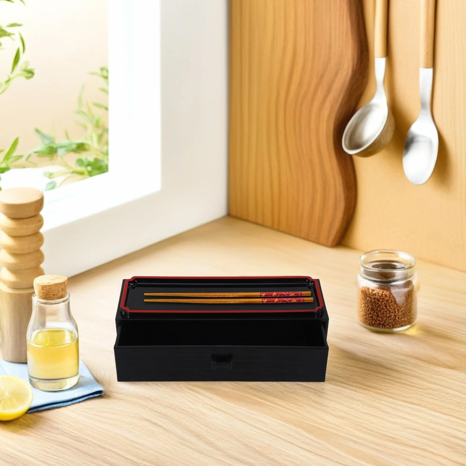 Operitacx Caja Organizadora para Palillos y Cubiertos de Madera Negra Diseño Japonés, Extraíble y Portátil, Contenedor para Almacenamiento Higiénico en Cocina, 1 Unidad