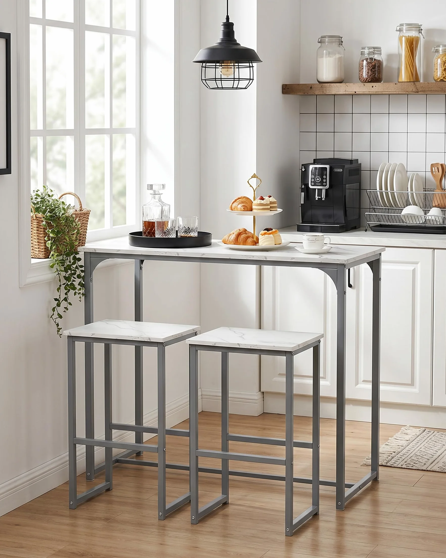 Mesa Alta Cocina con Taburetes, Mesa Cocina Pequeña con Sillas multifuncionales de diseño Moderno, Mueble Bar Salon líneas de mármol Blanco