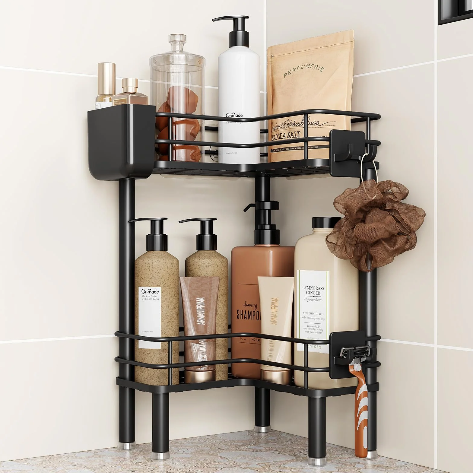 Orimade Organizador de ducha de esquina de 2 niveles a prueba de óxido con soporte para cepillo de dientes, estante de ducha de gran espacio con ganchos para baño, cocina, color negro