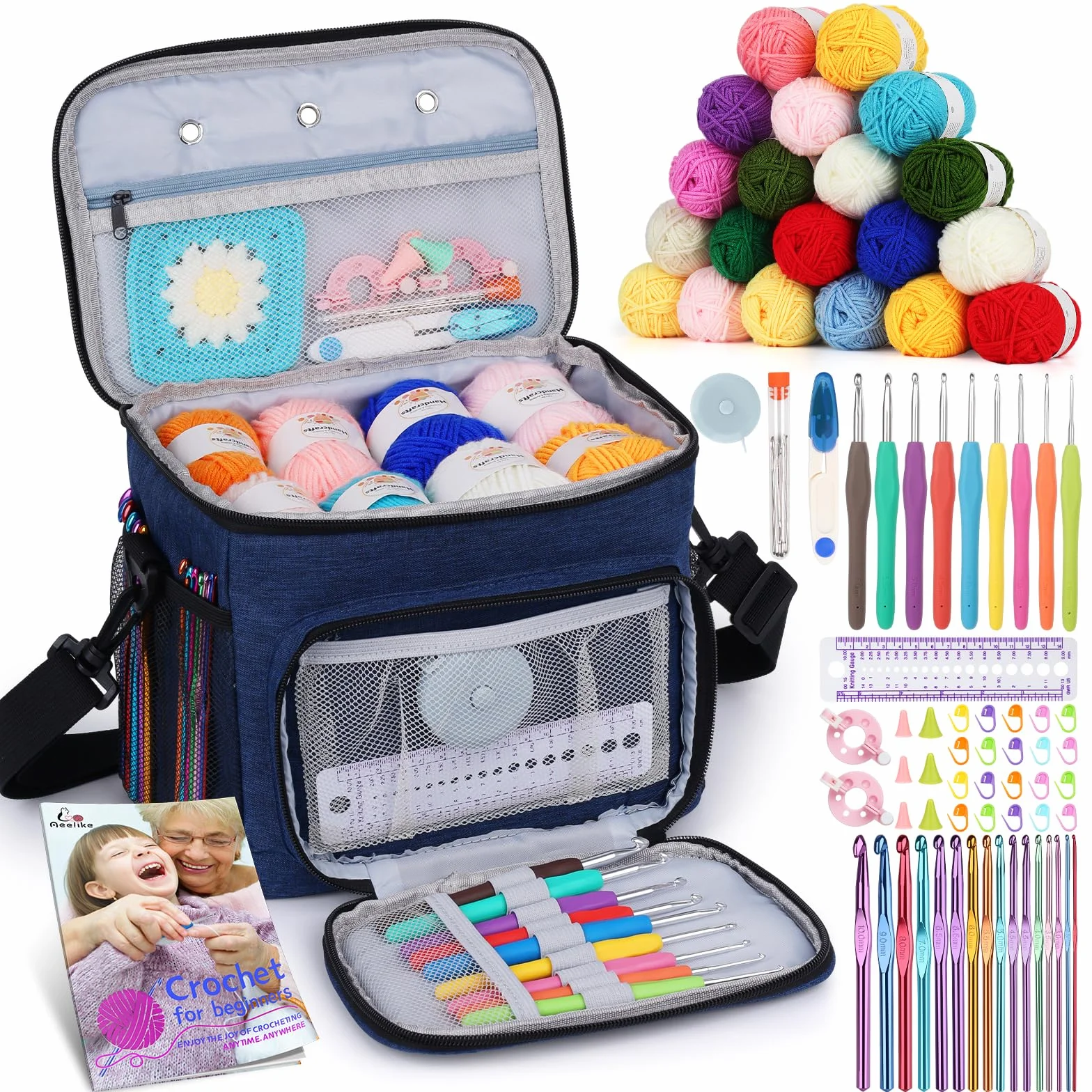 Aeelike Kit completo para principiantes, 87 piezas, kit de ganchillo para principiantes adultos, bolsa de hilo portátil azul marino, 23 ganchos de ganchillo, madejas de hilo de 20 colores