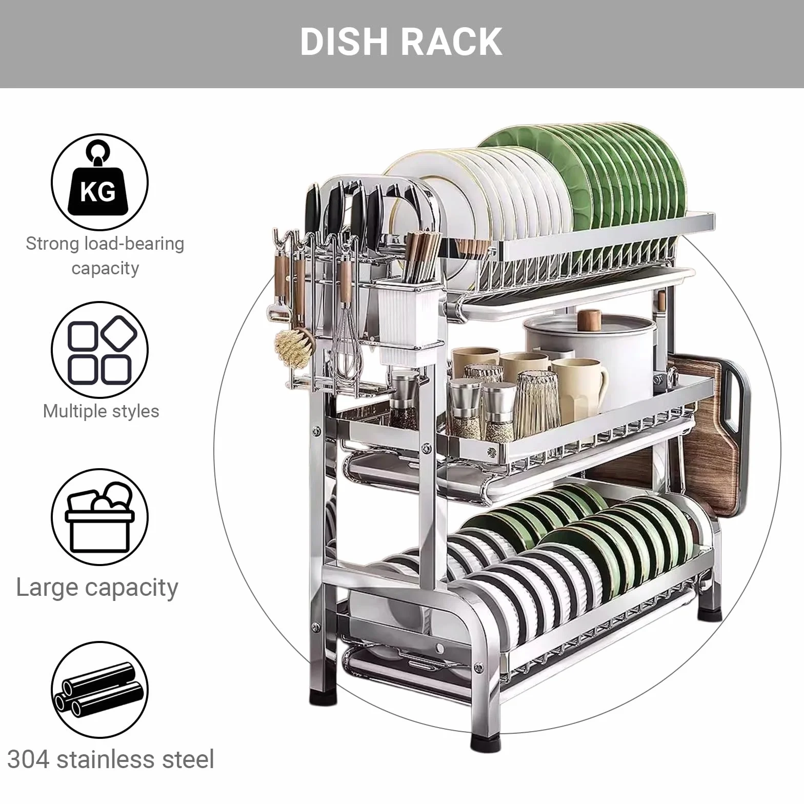 Escurreplatos de 3 Niveles en Acero Inoxidable 304 - Grande Escurridor de Platos para Encimera con Bandeja Raccogligocce - con Porta Cubiertos y Soporte para Tabla de Cortar(43 * 24 * 60cm)