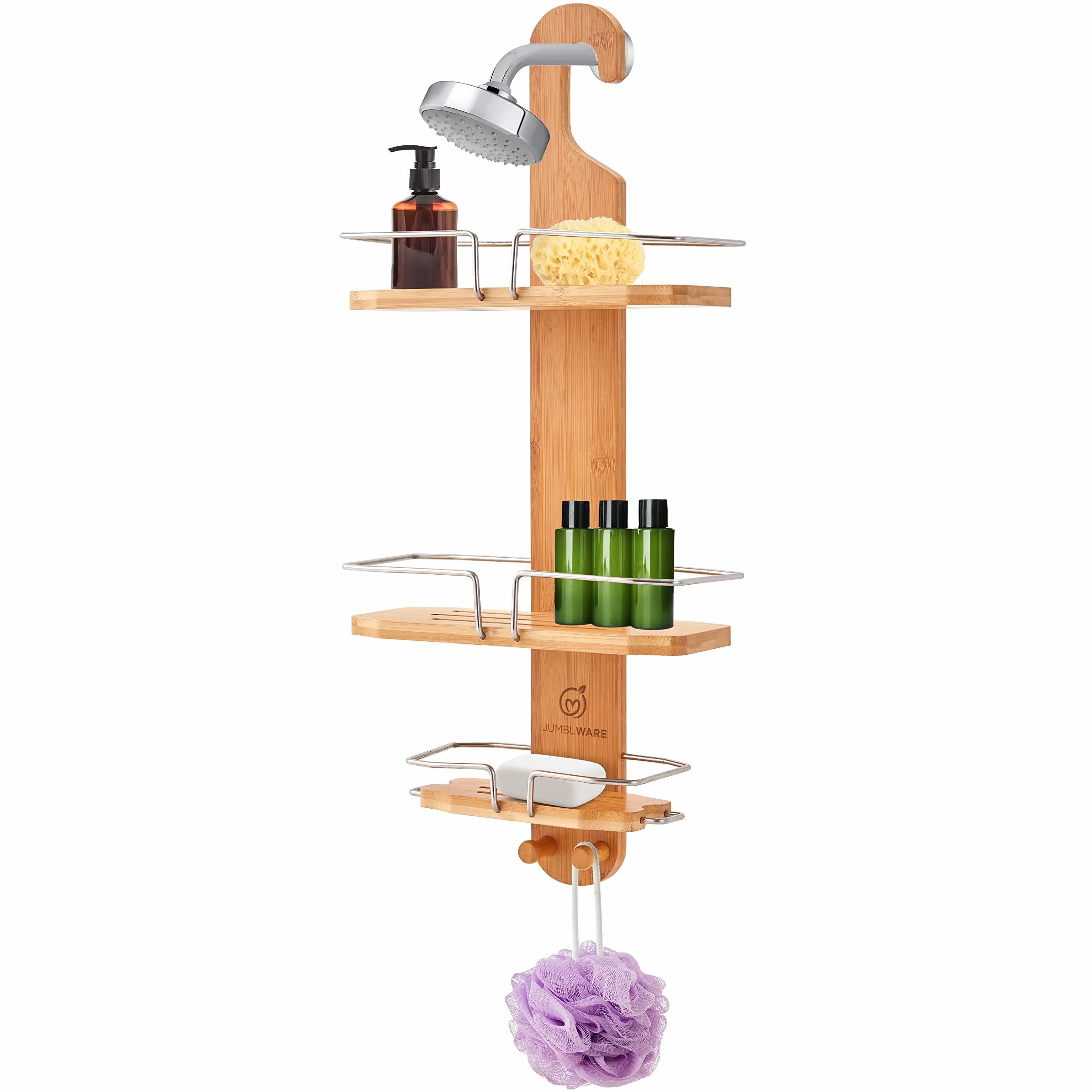 JumblWare Organizador de ducha de bambú. Organizador de bañera de 3 niveles para colgar sobre cabezal de ducha con soporte para cepillo de dientes, ganchos para maquinilla de afeitar y estante con