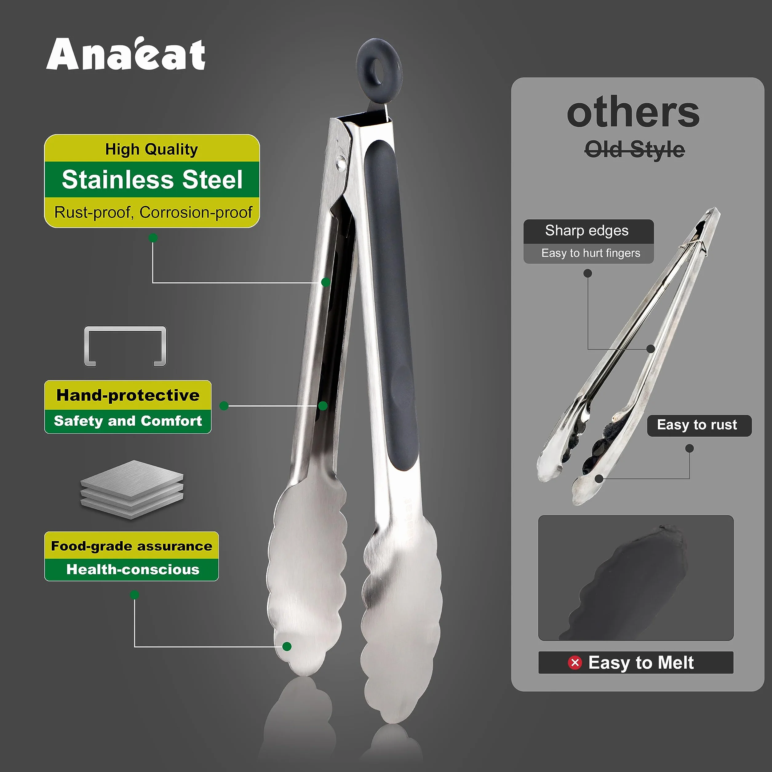 Anaeat Paquete de 3 mini pinzas de bloqueo de acero inoxidable de 7 pulgadas, pinzas de cocina resistentes con puntas de silicona antideslizantes y agarre para servir, cocinar, hornear y barbacoa