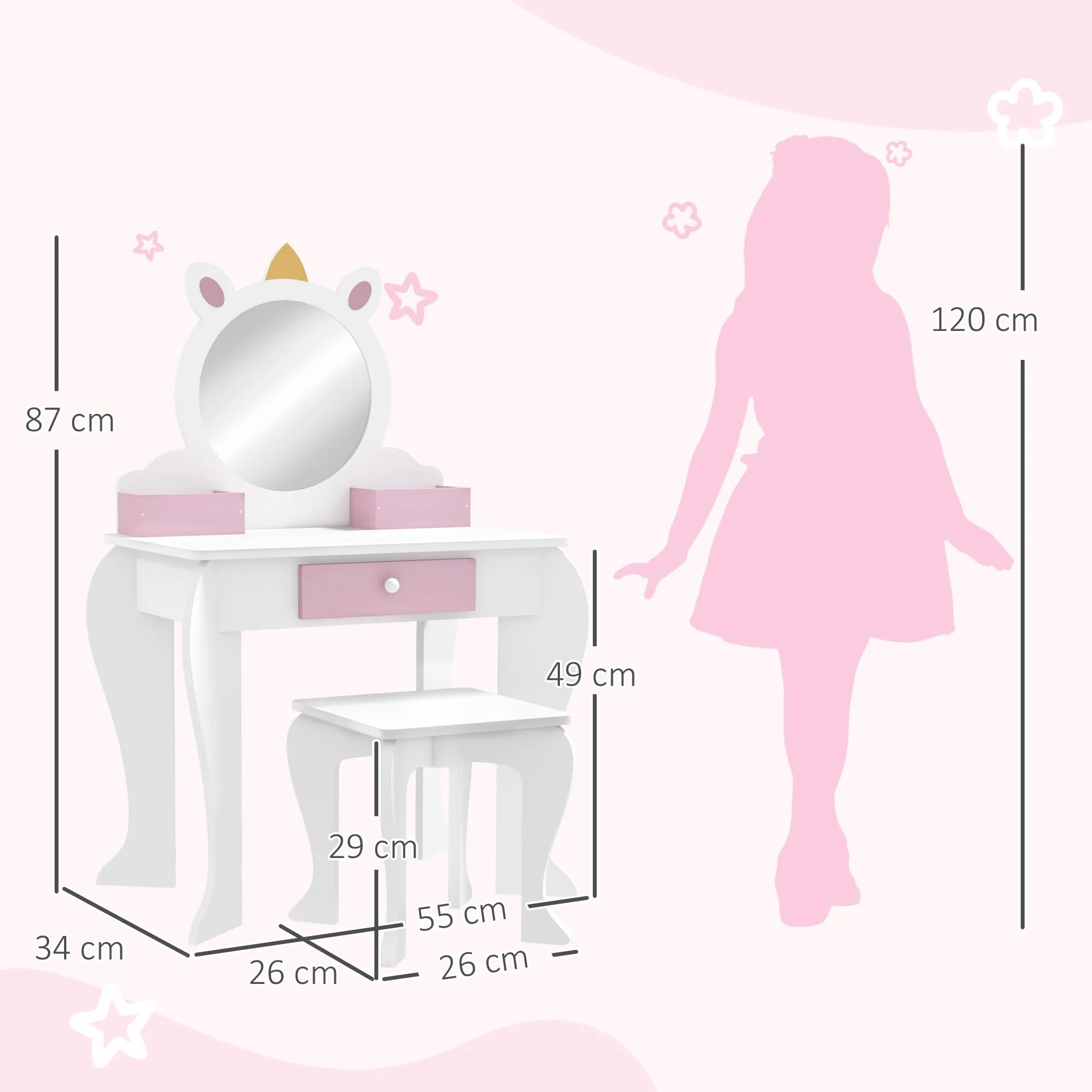 Tocador Infantil con Taburete y Espejo, Diseño Unicornio, Mesa de Maquillaje para Niñas 3-6 Años, Blanco