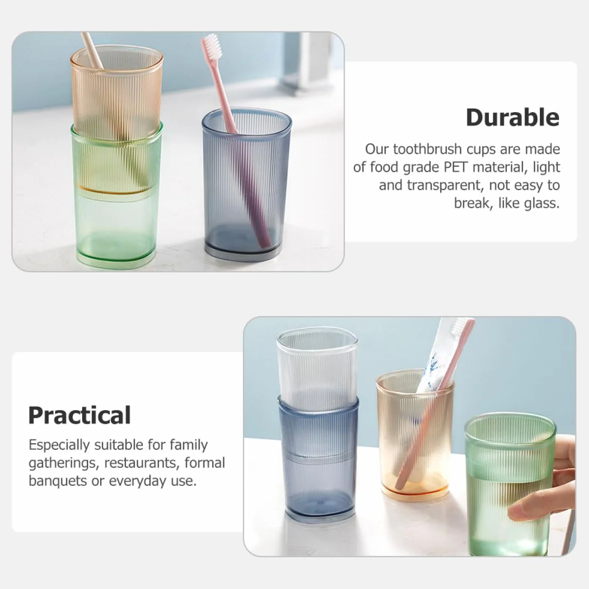 Vasos para Cepillos de Dientes 500ml, Pet Resistente, Apilable, Acabado Mate, 3 Piezas