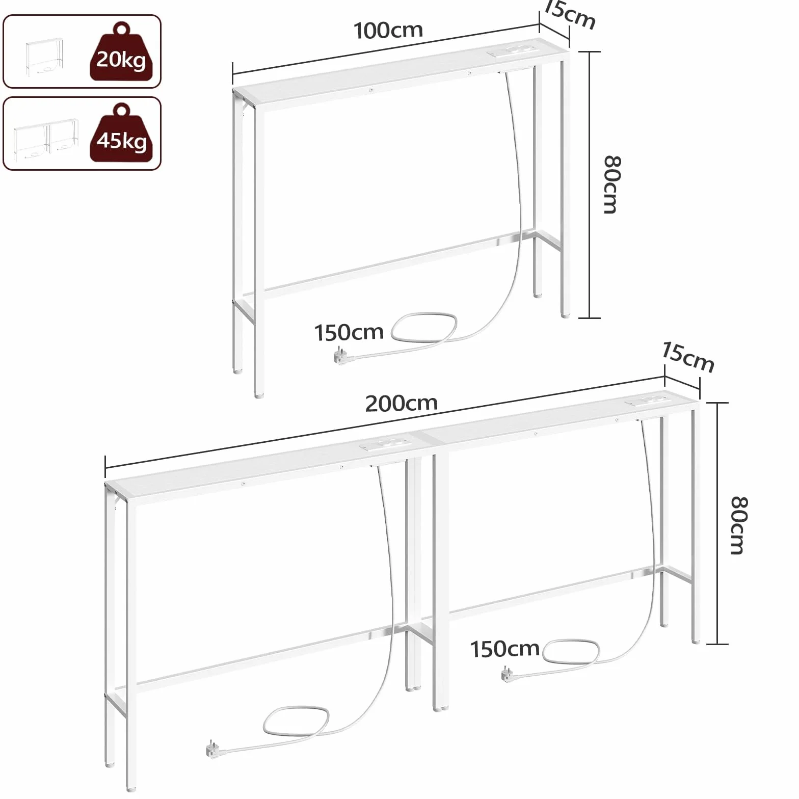 MAHANCRIS Juego de Dos Mesas de Entrada de 100 cm, Aparadores con Enchufe y Puerto USB, Mesitas Auxiliares de Sofá Largas y Estrechas, para Pasillo, Salón, Blanco ACTWT968UE01S2