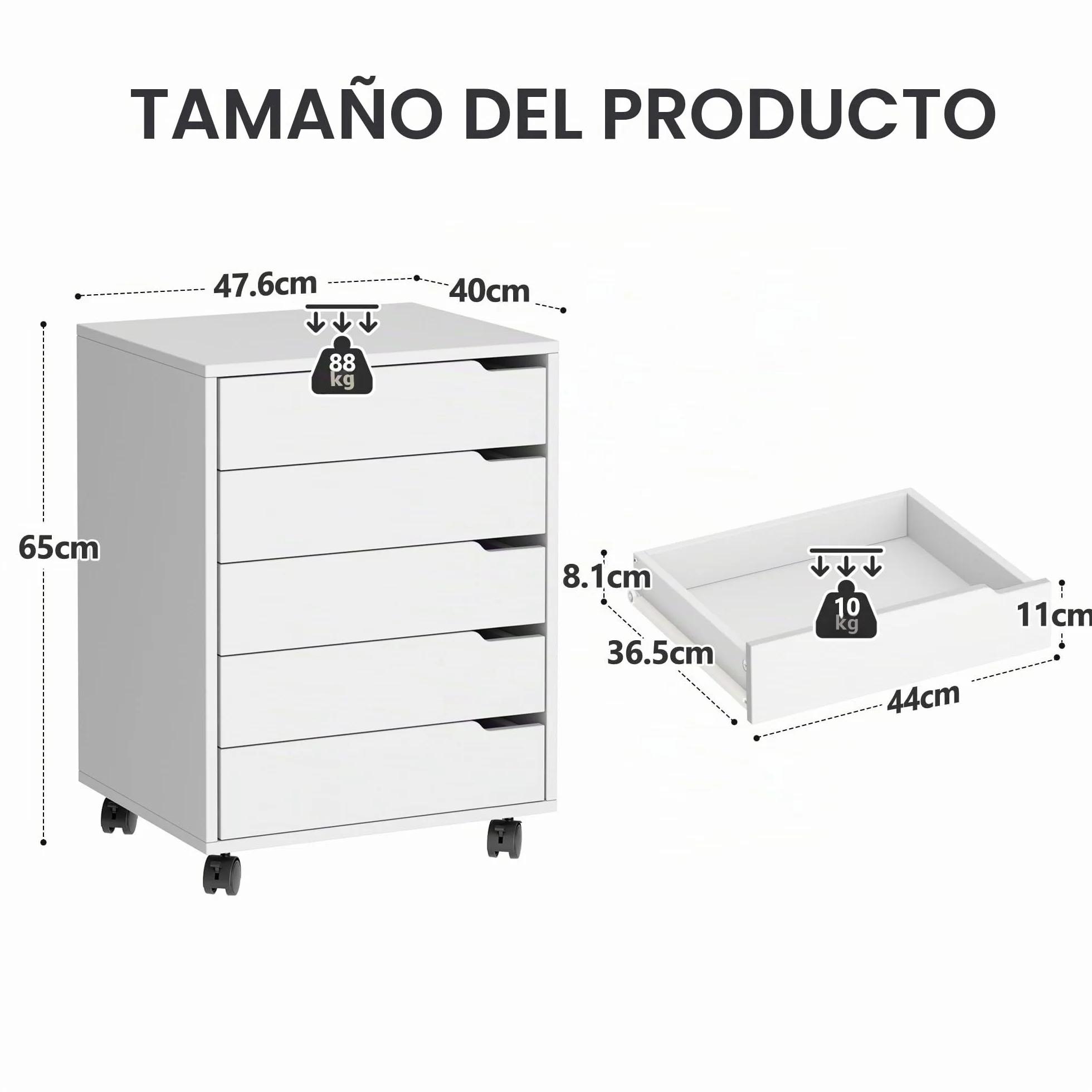 SDHYL Archivador vertical de 5 cajones con asas, carrito con ruedas, cajón con cajones, almacenamiento debajo del escritorio para oficina en casa, 5 cajones, blanco