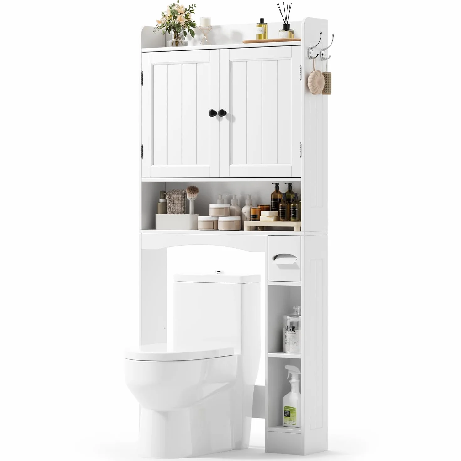 Xbro Armario sobre Inodoro, Mueble sobre Inodoro con Doble Puerta, Portarrollos de Papel Higiénico y Estante Ajustable, 82 x 20 x 179 cm, Blanco