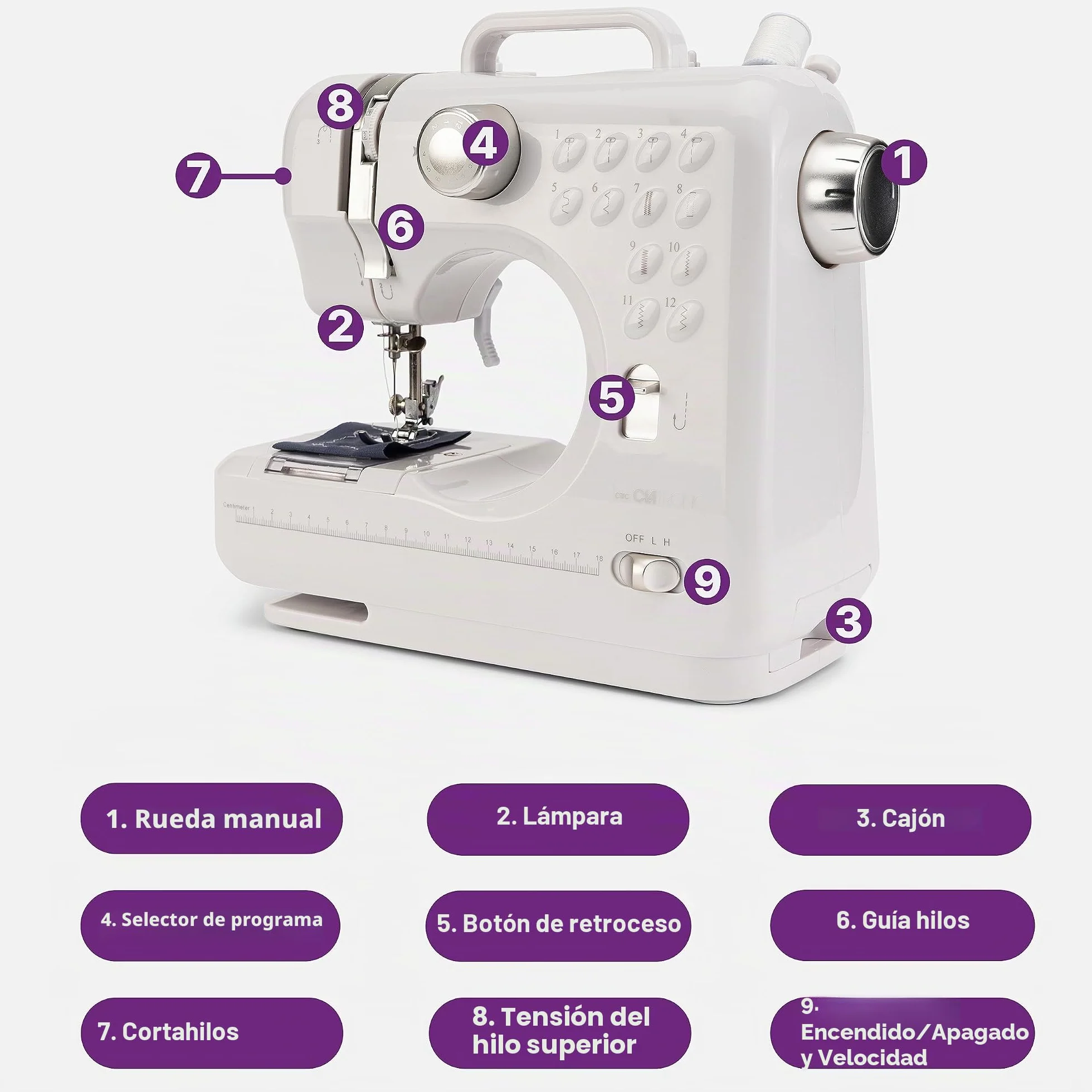 Clatronic Máquina de coser NM 3795 NM 3795 NM NM 3795 NM NM 3795 con 12 patrones de puntada, máquina de coser con función de costura delantera y trasera y 2 velocidades, funciona con baterías o red