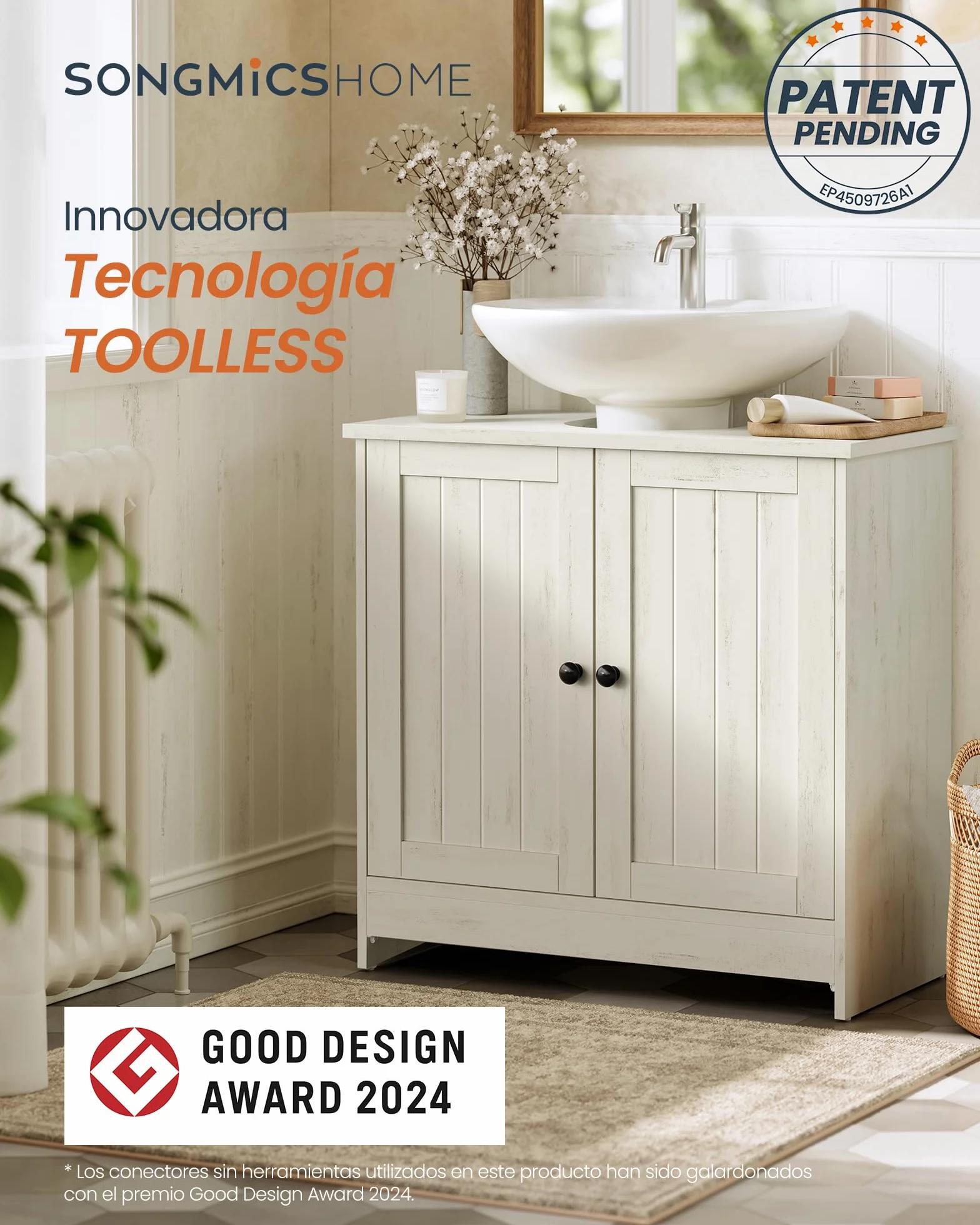 SONGMICS Home Mueble Bajo Lavabo para Baño, Montaje Súper Rápido Sin Herramientas Toolless, Armario con Estante Ajustable, para Lavabos con o sin Pedestal, Blanco Rústico BBC223WJ01