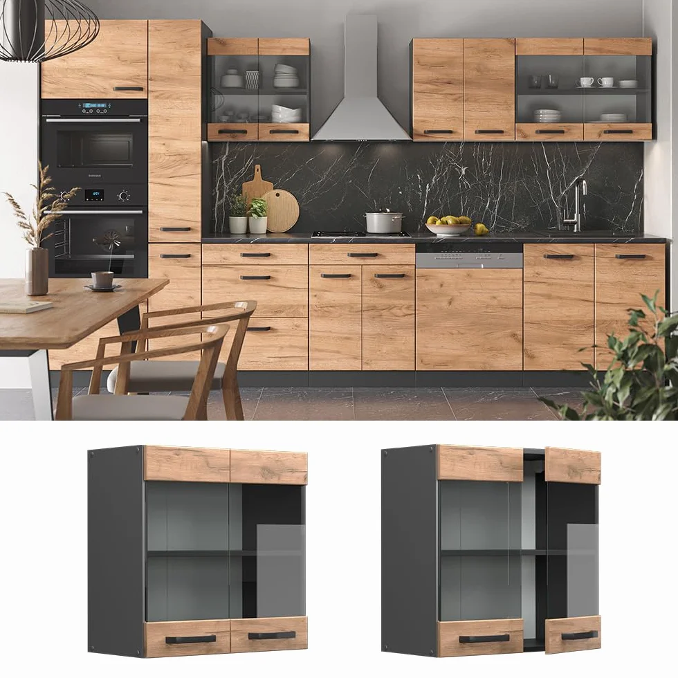 Vicco Armario de Cocina con Vidrio R-Line, Roble Dorado, 60 cm, para combinación Libre Dentro de Sistemas de Cocina modulares