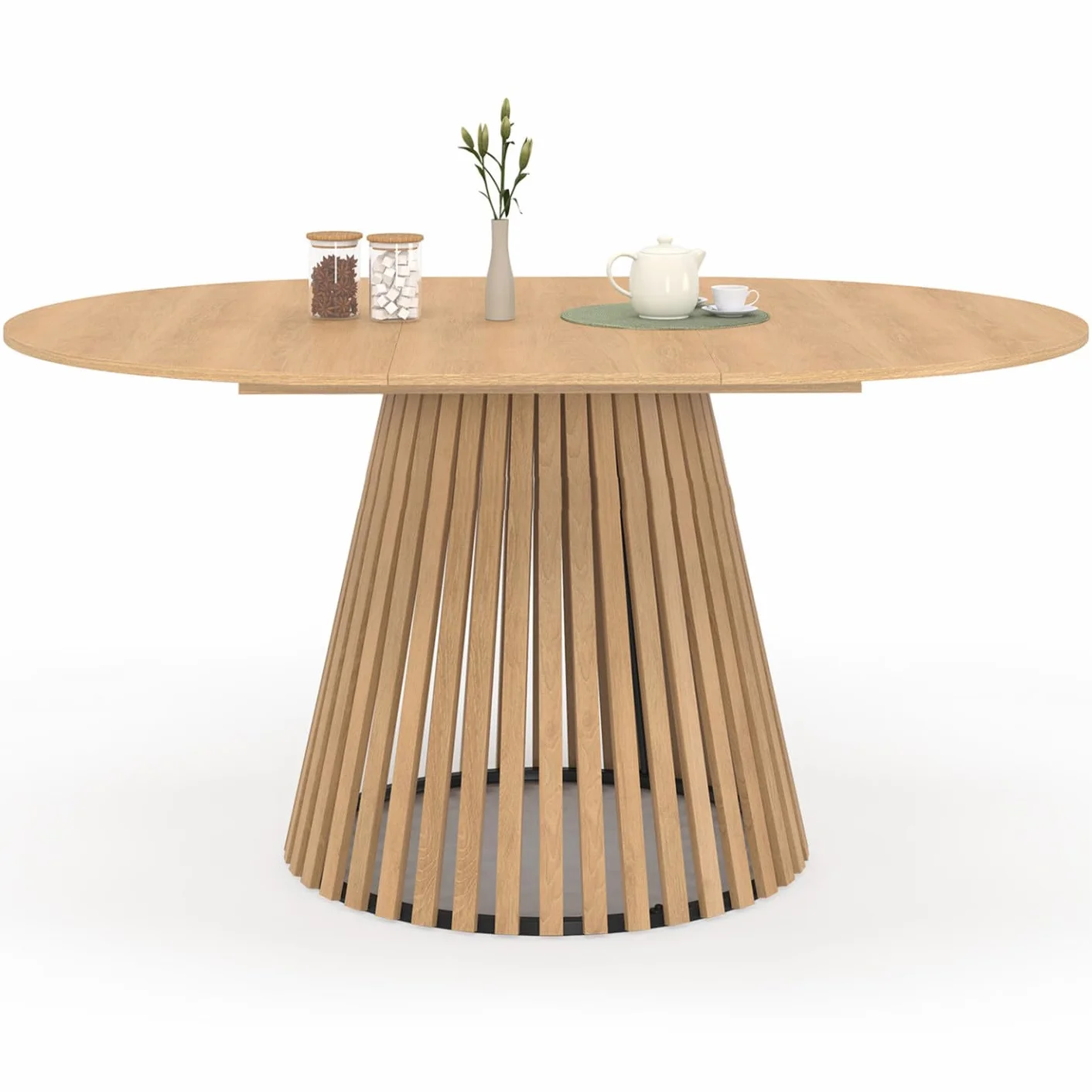 IDMarket – Mesa de comedor extensible redonda Carmen 4-8 personas, pie de madera de lamas y bandeja de madera, 110-150 cm