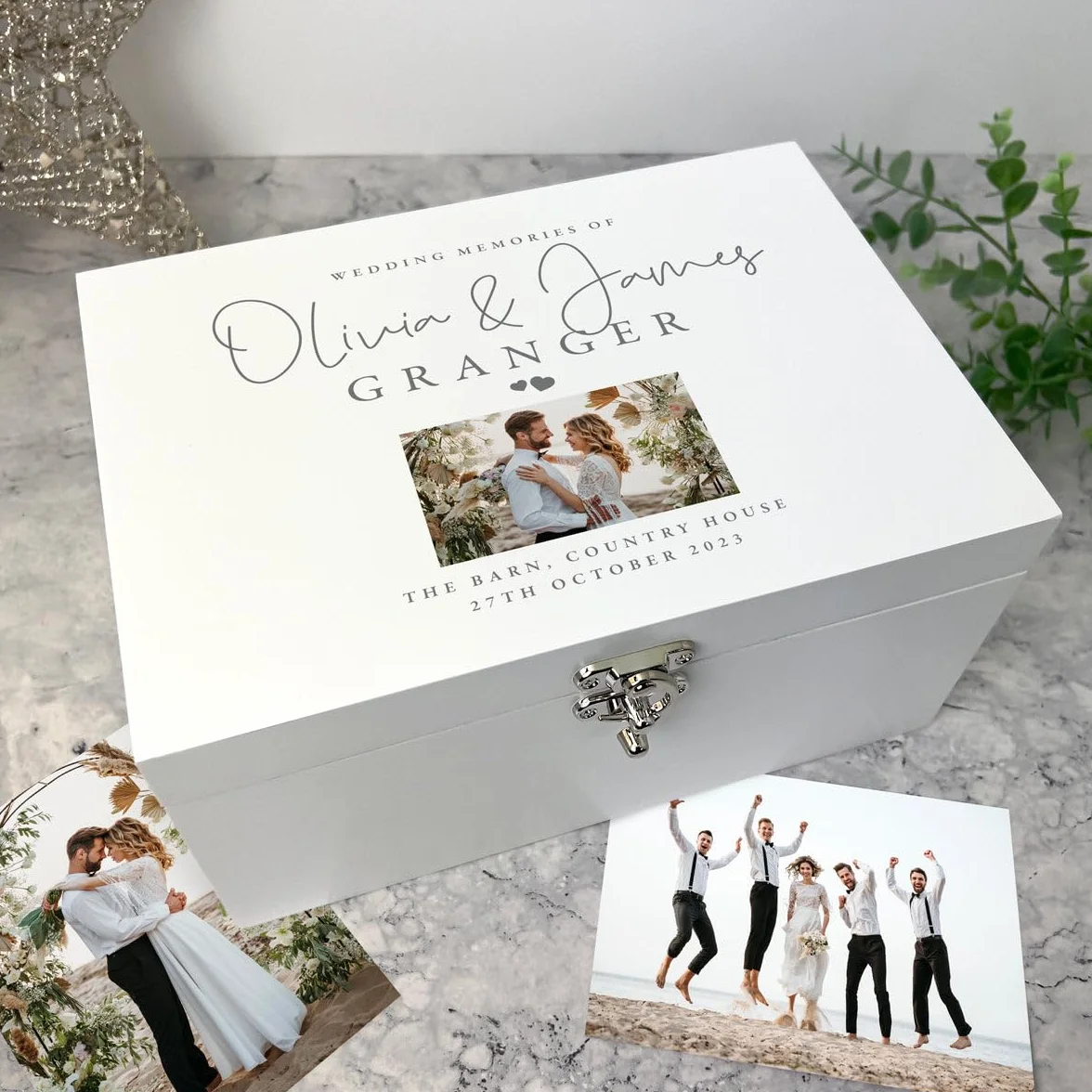 Caja de recuerdos de boda personalizada de lujo, color blanco, línea superior, nombres personalizados, apellidos, ubicación y fecha, regalo de boda, 27 x 19 x 14 cm