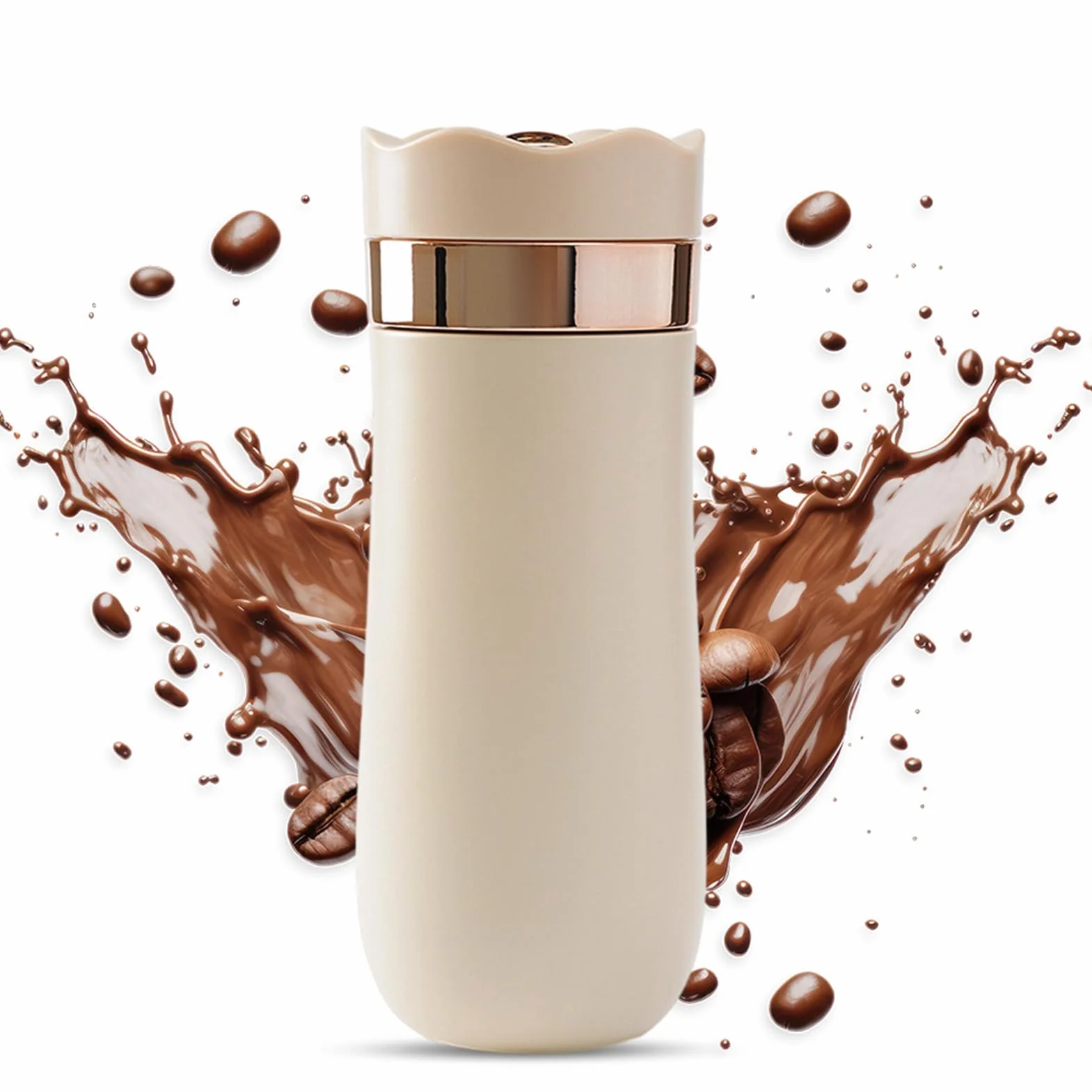 Wakects Taza de Viaje con Prensa Francesa Integrada, 320ml, Doble Pared Aislada, 8 Horas Caliente, Marfil, para Viajar y Acampar