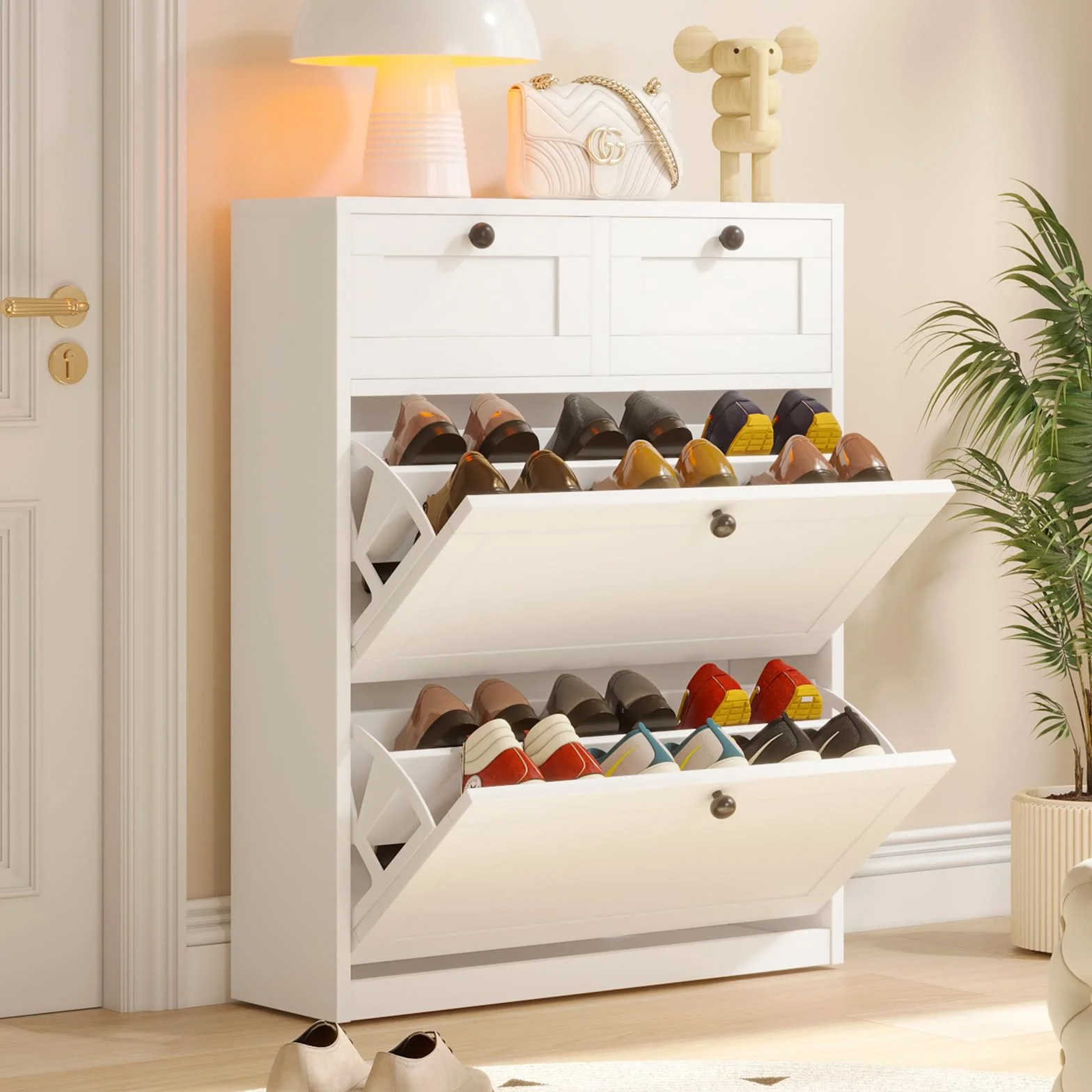 VOWNER Zapatero Estrecho, 2 Puertas, Zapatero Entrada Recibidor, 80 x 24 x 100 cm (Largo x Ancho x Alto), Blanco, para Entrada Estrecha, Pasillo