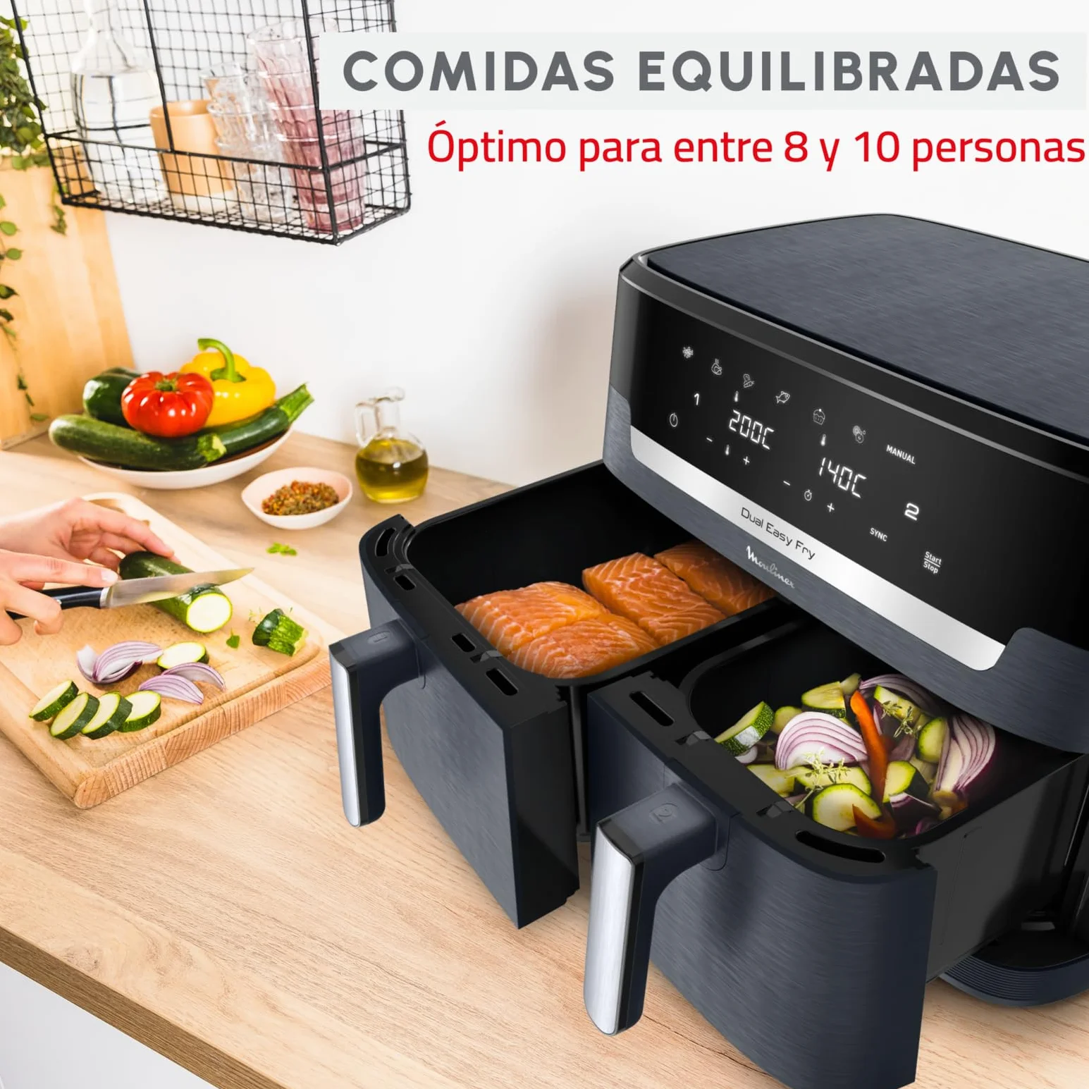 Moulinex XXL Dual Easy Fry 11L: Freidora de Aire de Doble Cesta +8 Personas, Dos cestas (6,5 L + 4,5 L),7 Programas Automáticos, EZ942BF0