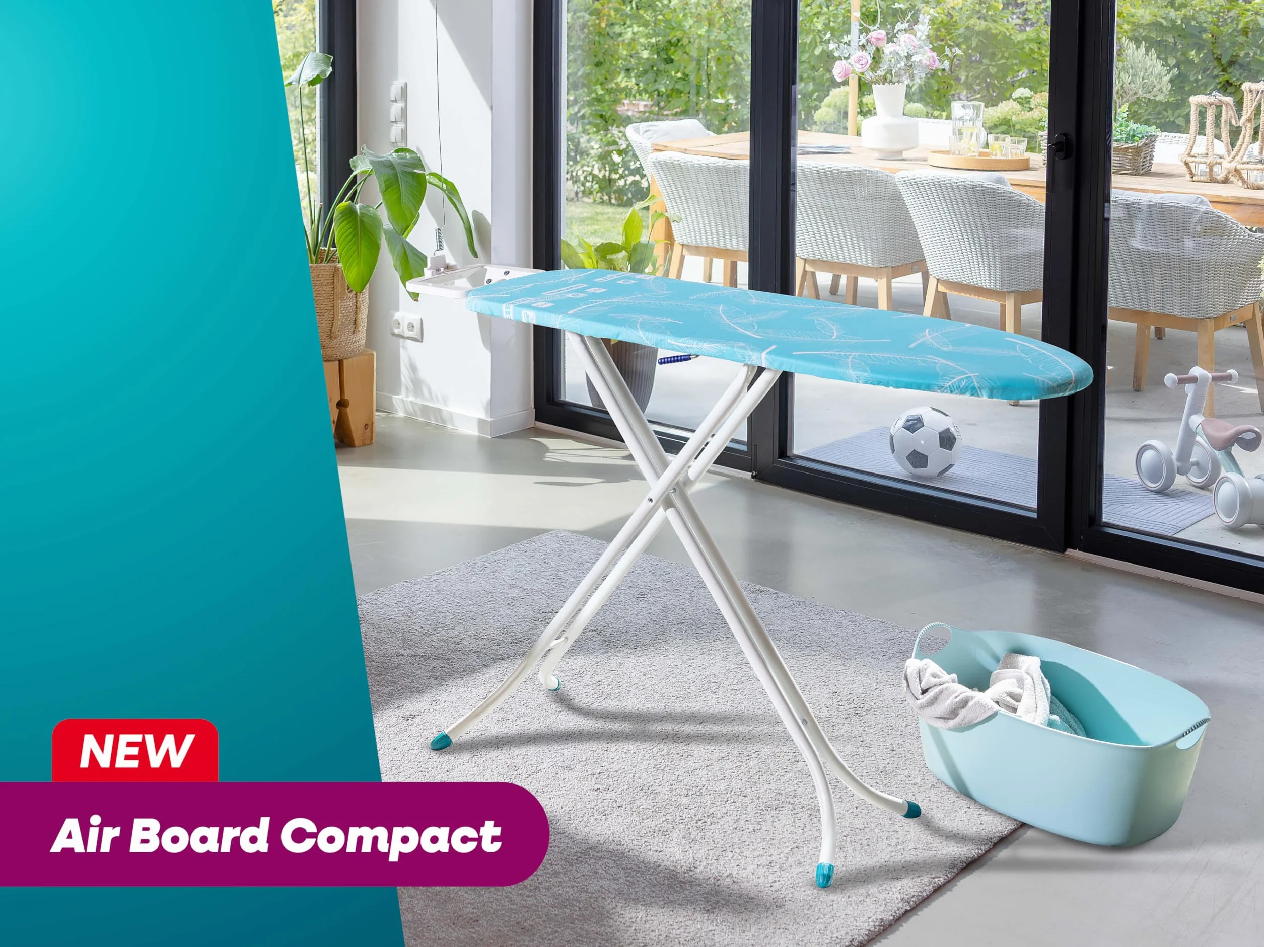 Leifheit Tabla de Planchar Air Board M Compact, Thermo-Reflect | Superficie 120 x 38 cm, altura regulable 78-98 cm, ultraligera, plegable, soporte para plancha y cable integrado