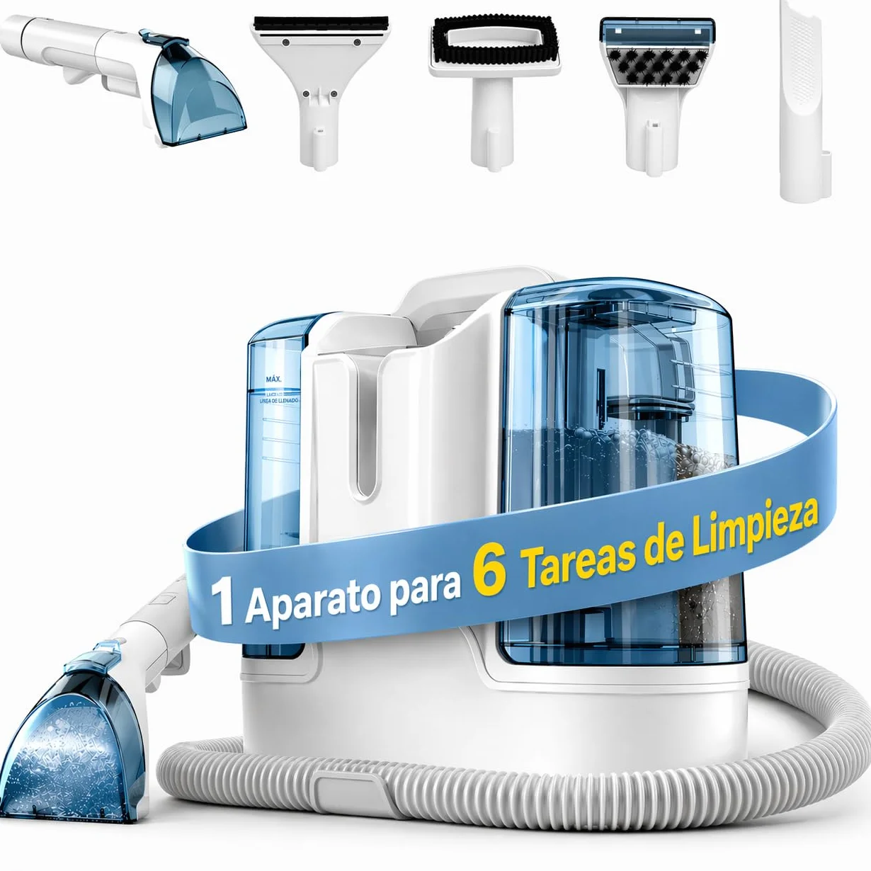 Limpiador de Tapicerias 450W 16 KPa, Aspiradora de Agua Tapiceria con 6 Cepillos de Limpieza, Limpiador de Alfombras con Doble Depósito de Agua de 1800/600 ml, Coche Carpet Cleaner Machine