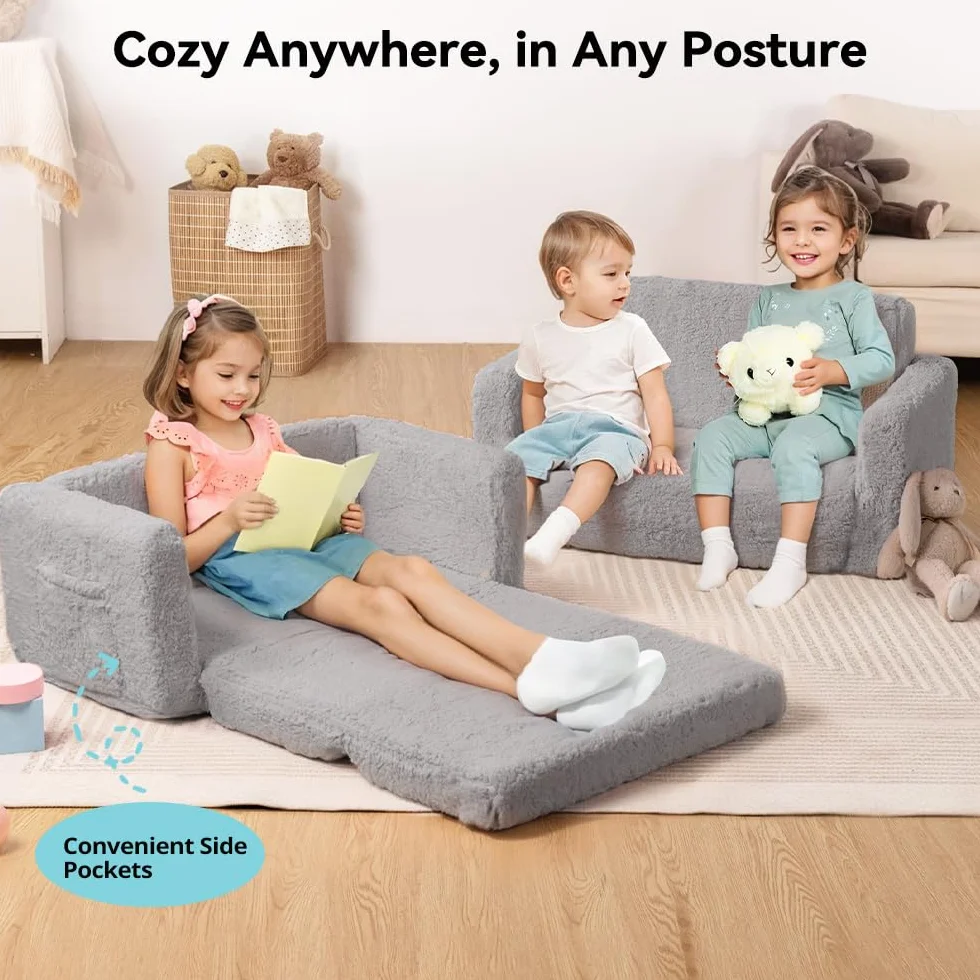Sofá cama 2 en 1 para niños, silla extra ancha, bolsillos laterales y funda extraíble, sillones convertibles (gris)