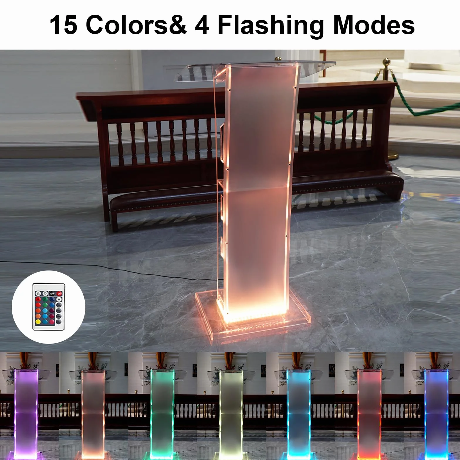 Podio acrílico, Atril de acrílico Transparente con Estante de Almacenamiento, púlpito de la Iglesia con luz LED de 15 Colores, Soporte de podio de Estabilidad para Iglesia, conferencias