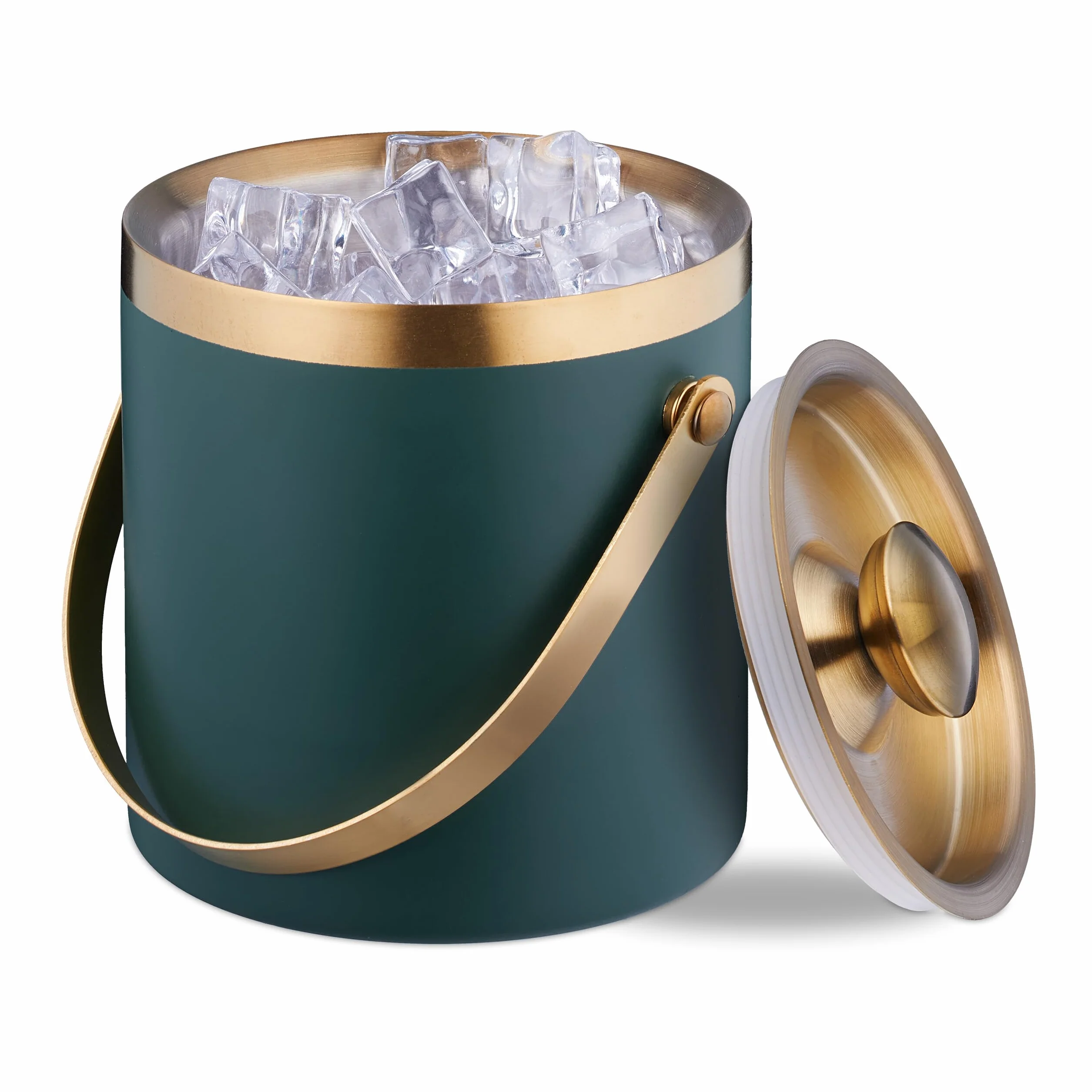 Relaxdays Cubitera Acero Inoxidable, Tapa, Doble Pared, Cubo Hielo con Asa, 1,5 l, Cubeta Botellas, Verde/Dorado