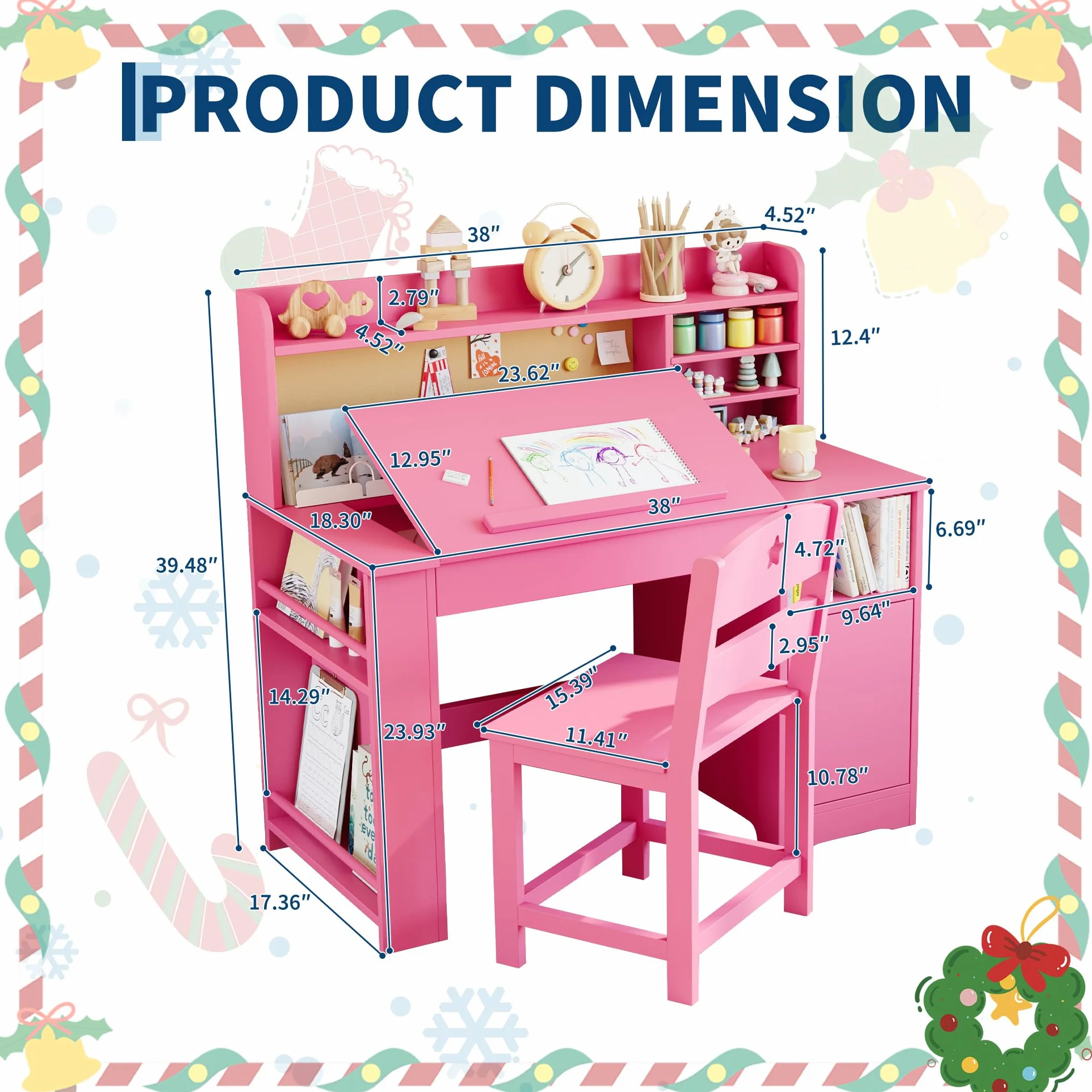 Escritorio Infantil 2 en 1 con Soporte Elevador 0-40°, Mesa y Silla de Madera con Estante y Almacenamiento