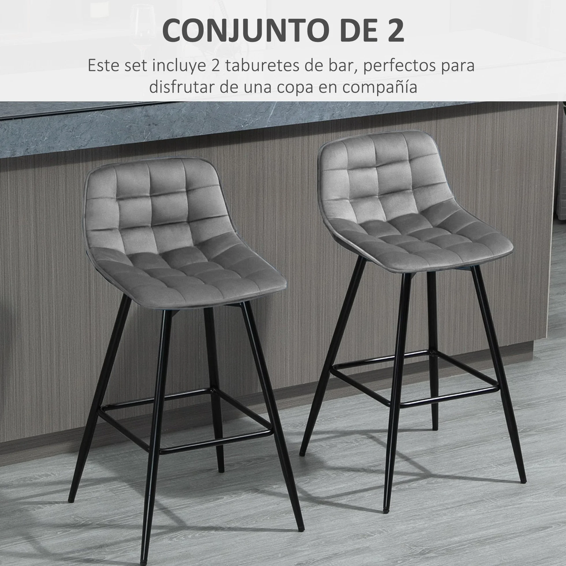 HOMCOM Conjunto de 2 Taburetes Altos de Cocina Sillas Altas de Cocina con Respaldo y Reposapiés Carga 120 kg para Bar Salón Comedor Gris