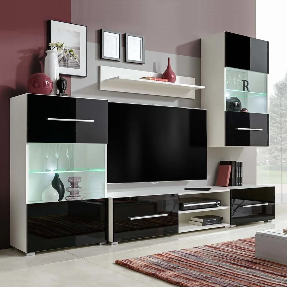 Vitrina de Pared Completa 5 Piezas con Luces LED, Mueble de TV y Estante, Armario de Almacenaje con Puertas de Vidrio, Madera de Ingeniería, Blanco y Negro, 240x40x195 cm