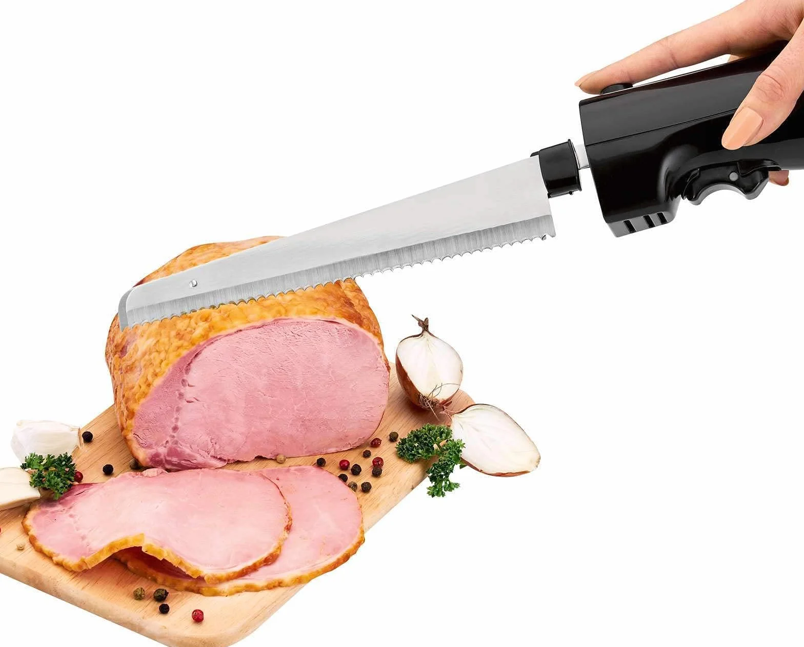 Clatronic Cuchillo eléctrico de cocina para carne, cuchillo de cocina eléctrico para alimentos congelados (hoja de acero inoxidable, afilado ondulado, cuchillo de pan, 120 W, negro)