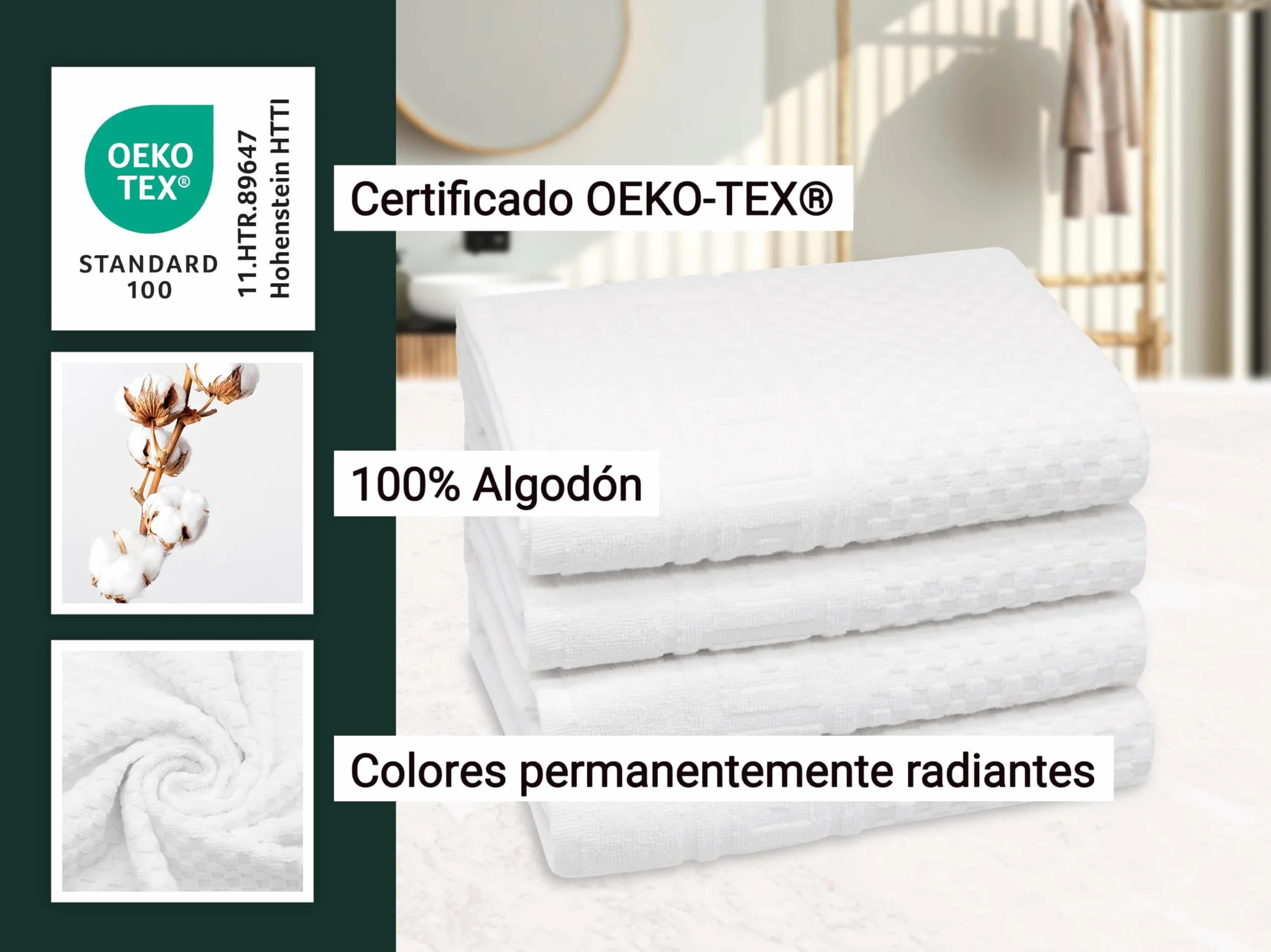 ZOLLNER Juego 4 Toallas 50x100 cm Algodón Blanco Gofre Lavable 95°C Oeko Tex