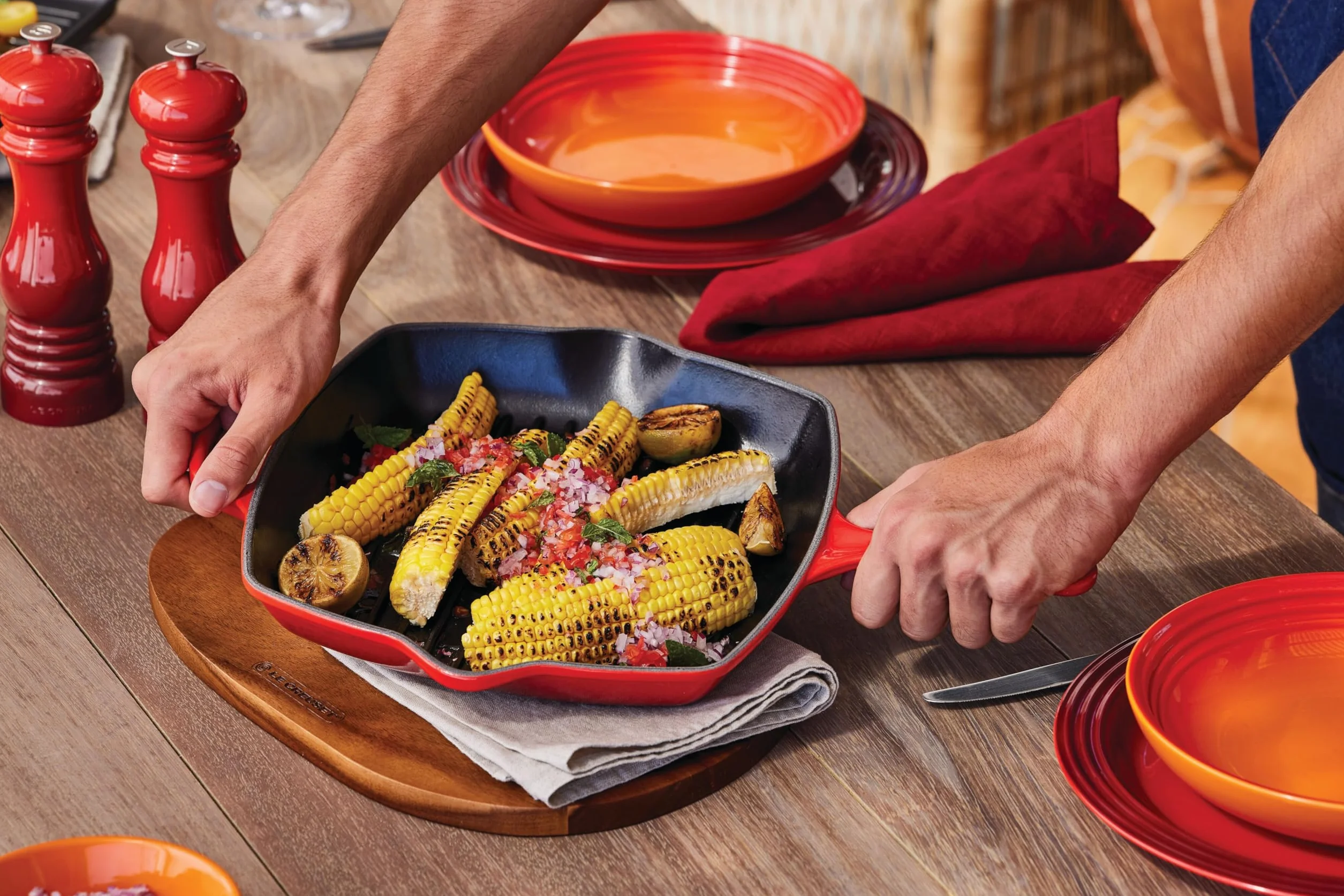 LE CREUSET Sartén skillet cuadrada grill de hierro fundido, 26 cm, Cereza, 20183260600422