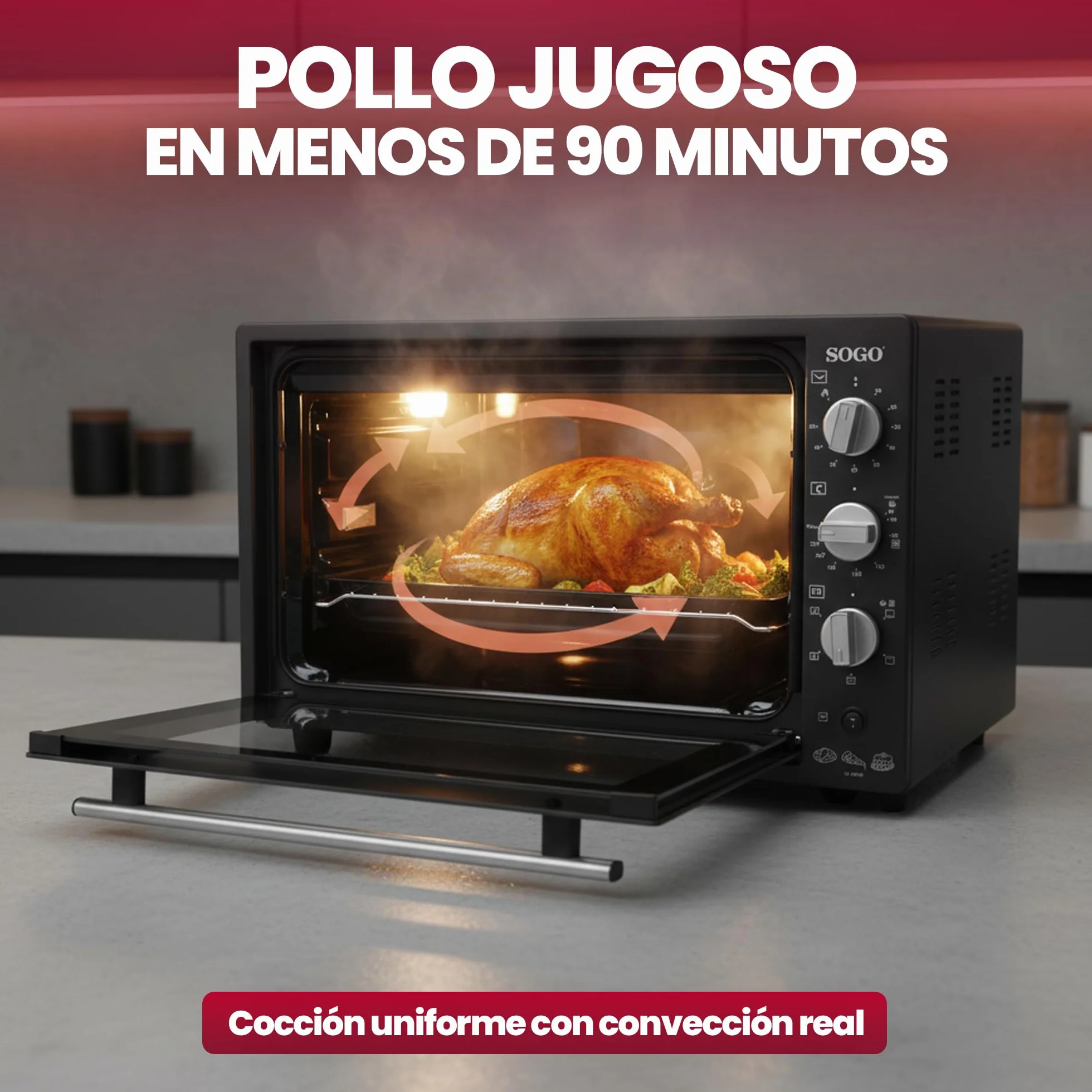 Sogo Horno Sobremesa de Convección 70L - Horno Eléctrico con Rustidor para Asados Jugosos - Horno Multifunción con Gratinador para Recetas Crocantes - Ideal para Cualquier Plato