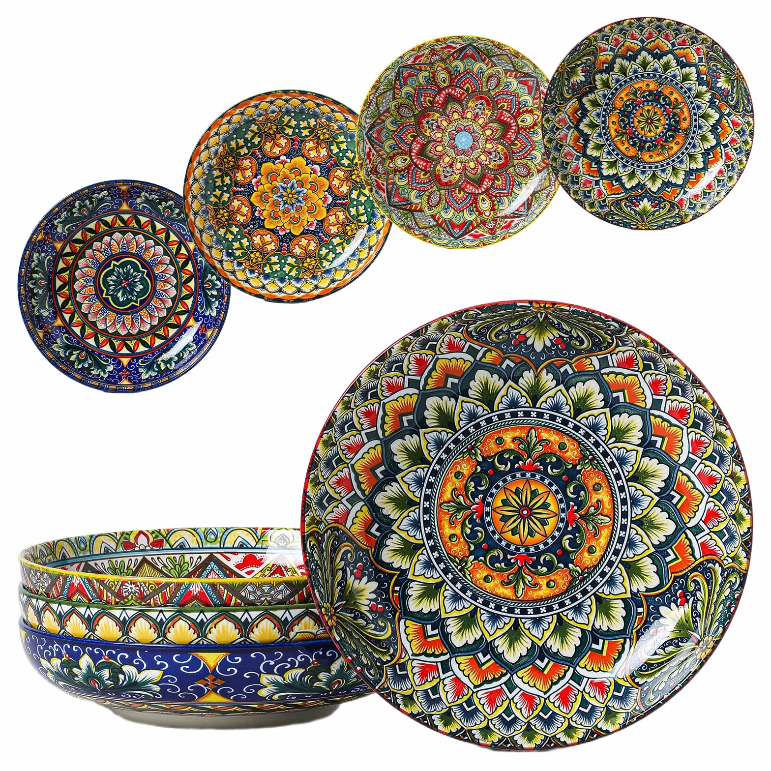 Henten Home Juego de platos hondos de pasta, 4 platos hondos de colores, 1000 ml, cuencos multiusos para sopa, fideos, espaguetis, pasta, ensalada, serie Mylo, estilo boho