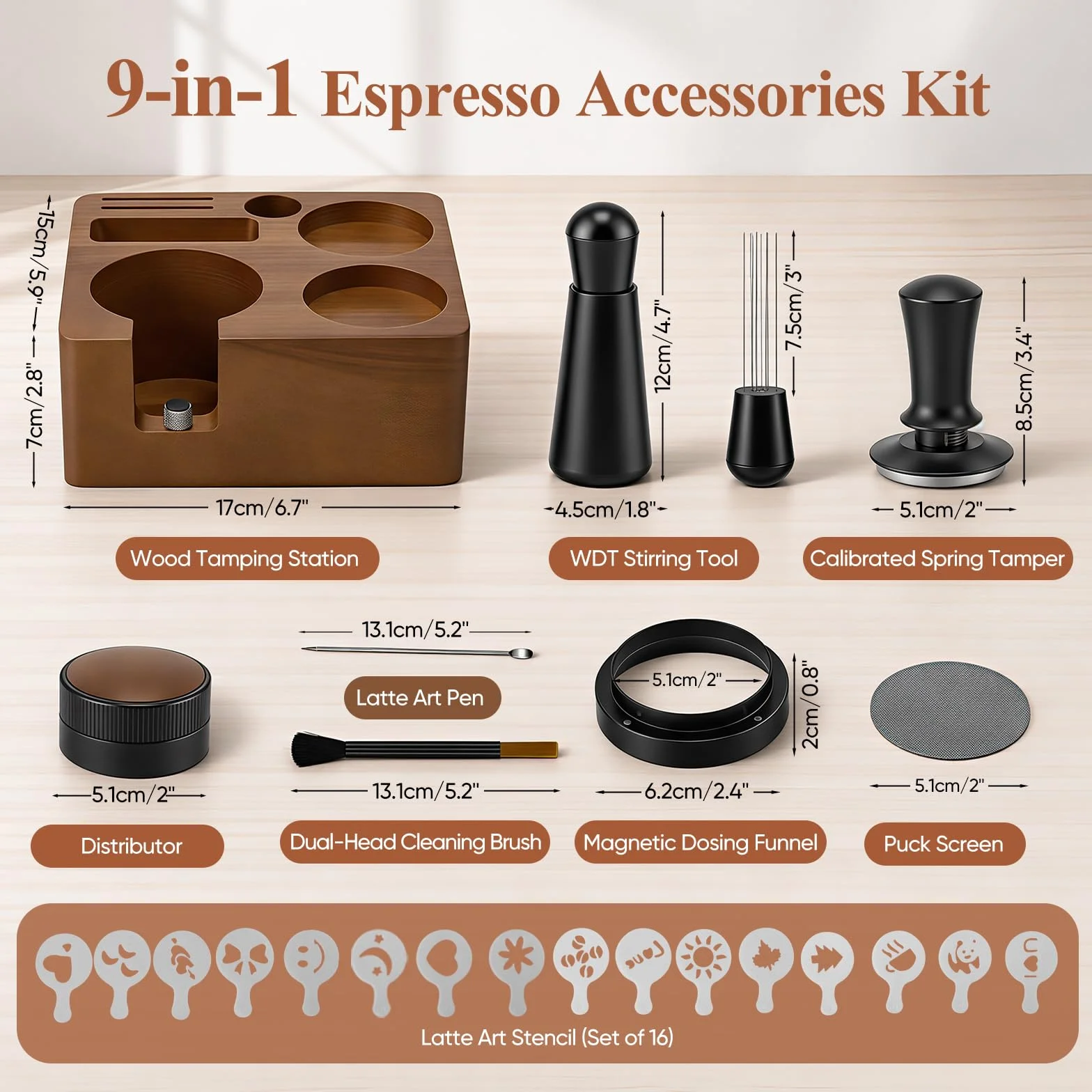 Kit Barista 9 Piezas, Tamper de Café de 51mm, Accesorios de Espresso | Barista Accesorios Cafetera con Tamper, Distribuidor, WDT Tool, para Máquina Espresso Portafiltro