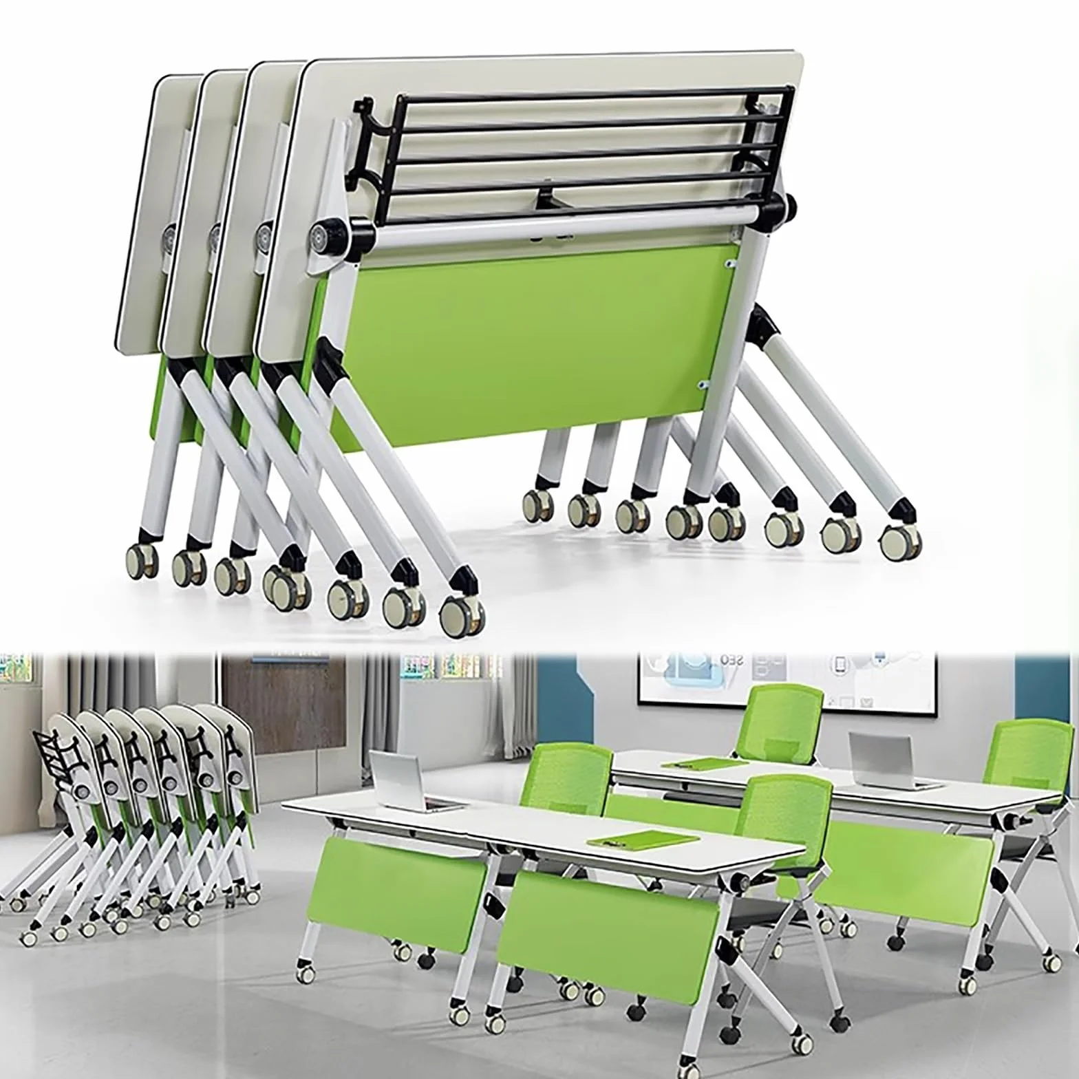 Mesa de sala de conferencias, paquete de 4 mesas de entrenamiento plegables móviles con tapa abatible y estante de almacenamiento para seminarios de oficina