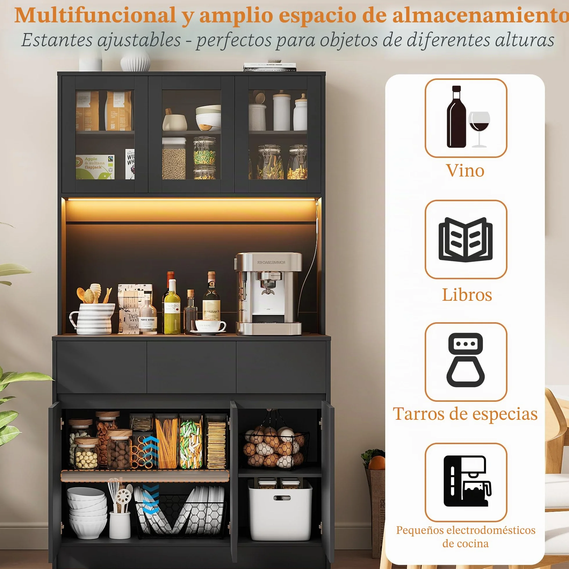 Alacena de Cocina, Armario Despensa Cocina con regleta y Tira de Luces LED, Aparador Comedor con Estantes Regulables (Negro)