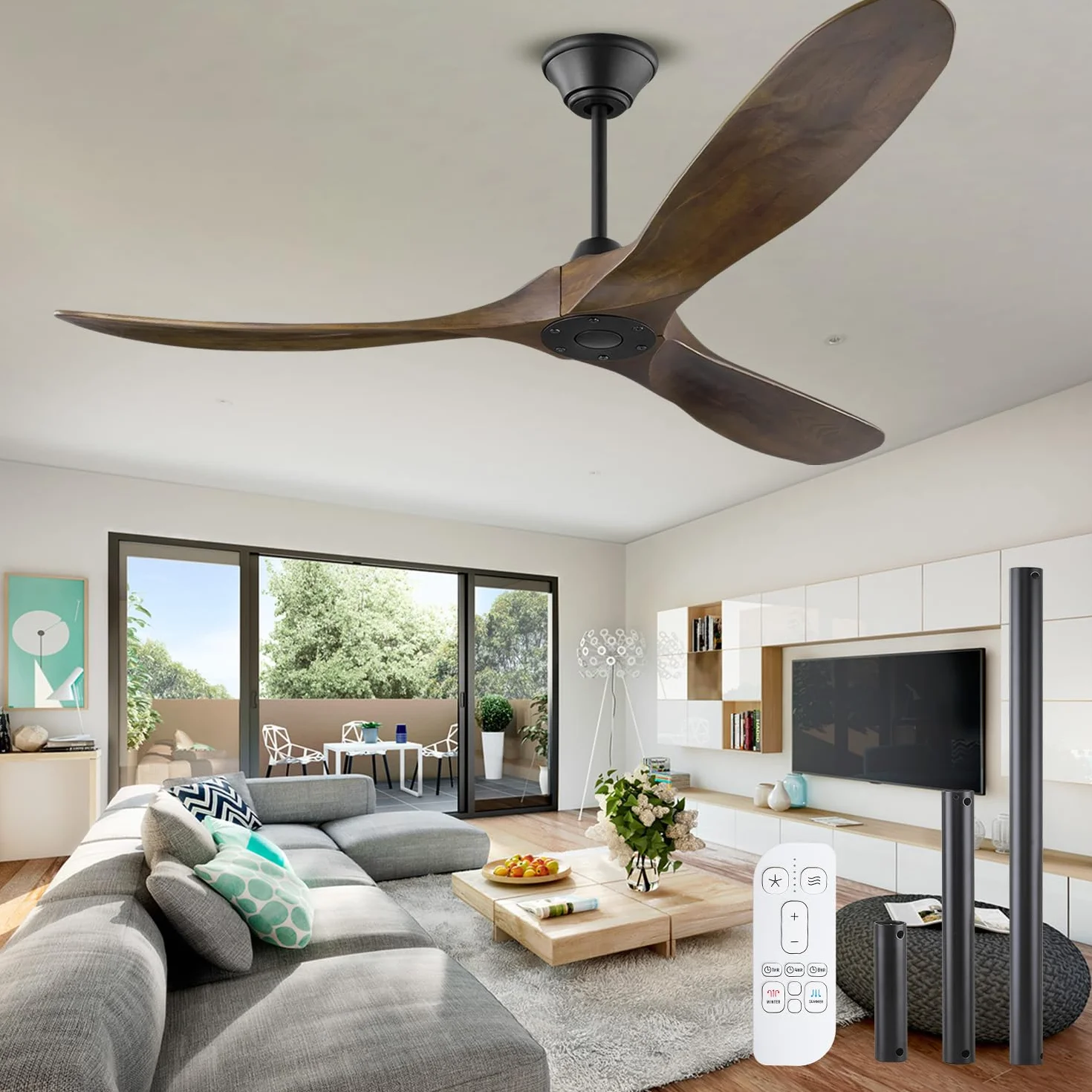 Ventilador de techo de madera sin luz/Función verano-invierno/Temporizador 1/4/8h / 6 velocidades/Ventilador de techo de bajo consumo para interiores y exteriores, Ø152 cm (60 pulgadas)