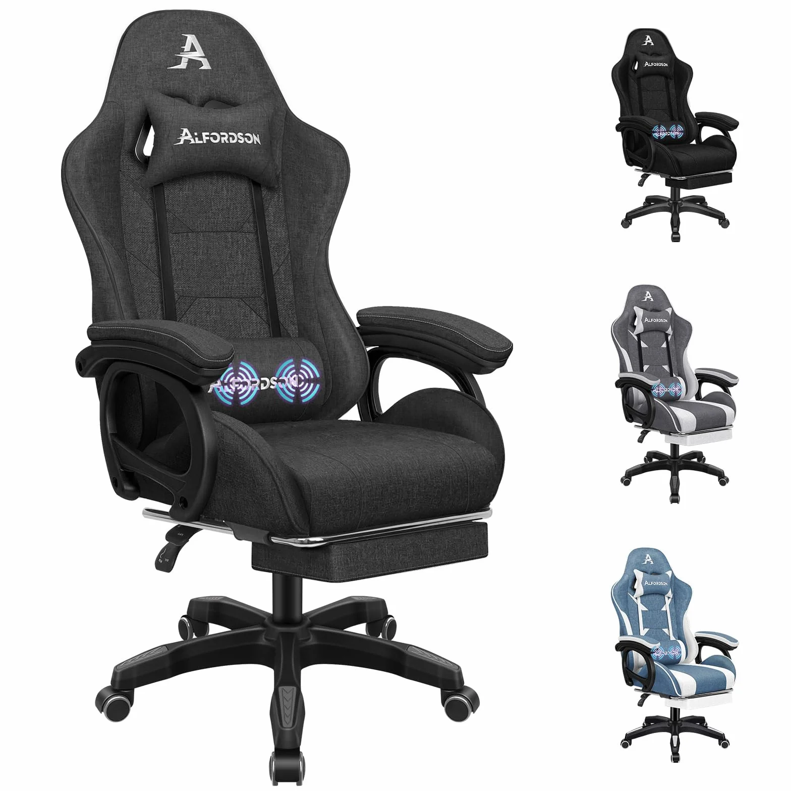 ALFORDSON Silla Gaming con Cojín Lumbar y Cervical, Silla Oficina Gamer Ergonómica Reclinable con Masajeador, Respaldo Alto Acolchado, Ideal Ordenador,Oficina,Videojuego,Escritorio, Lino(Gris Oscura)
