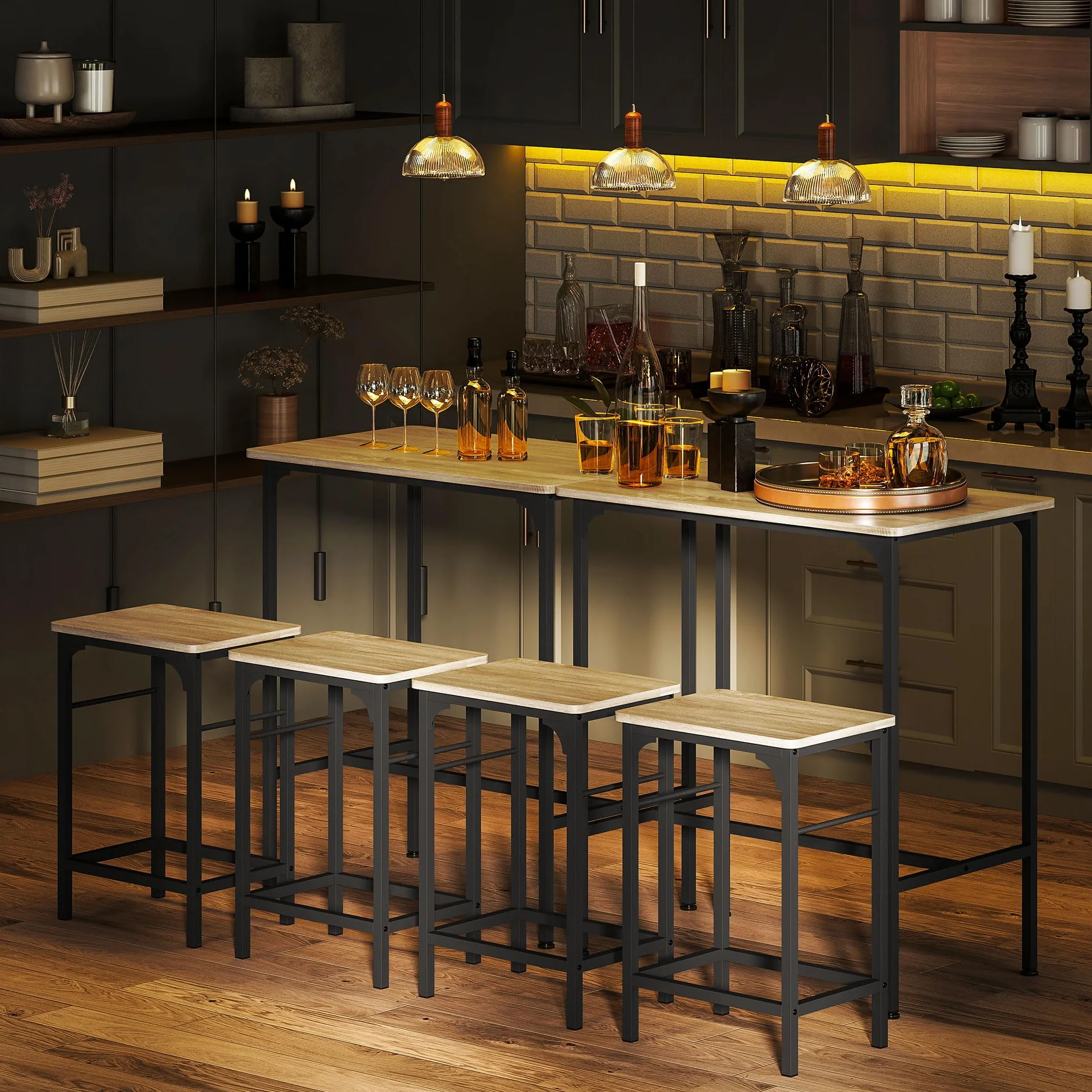 HOMCOM Conjunto de Mesa de Bar con 2 Taburetes, Marco de Acero, Efecto Madera Natural para Cocina y Comedor