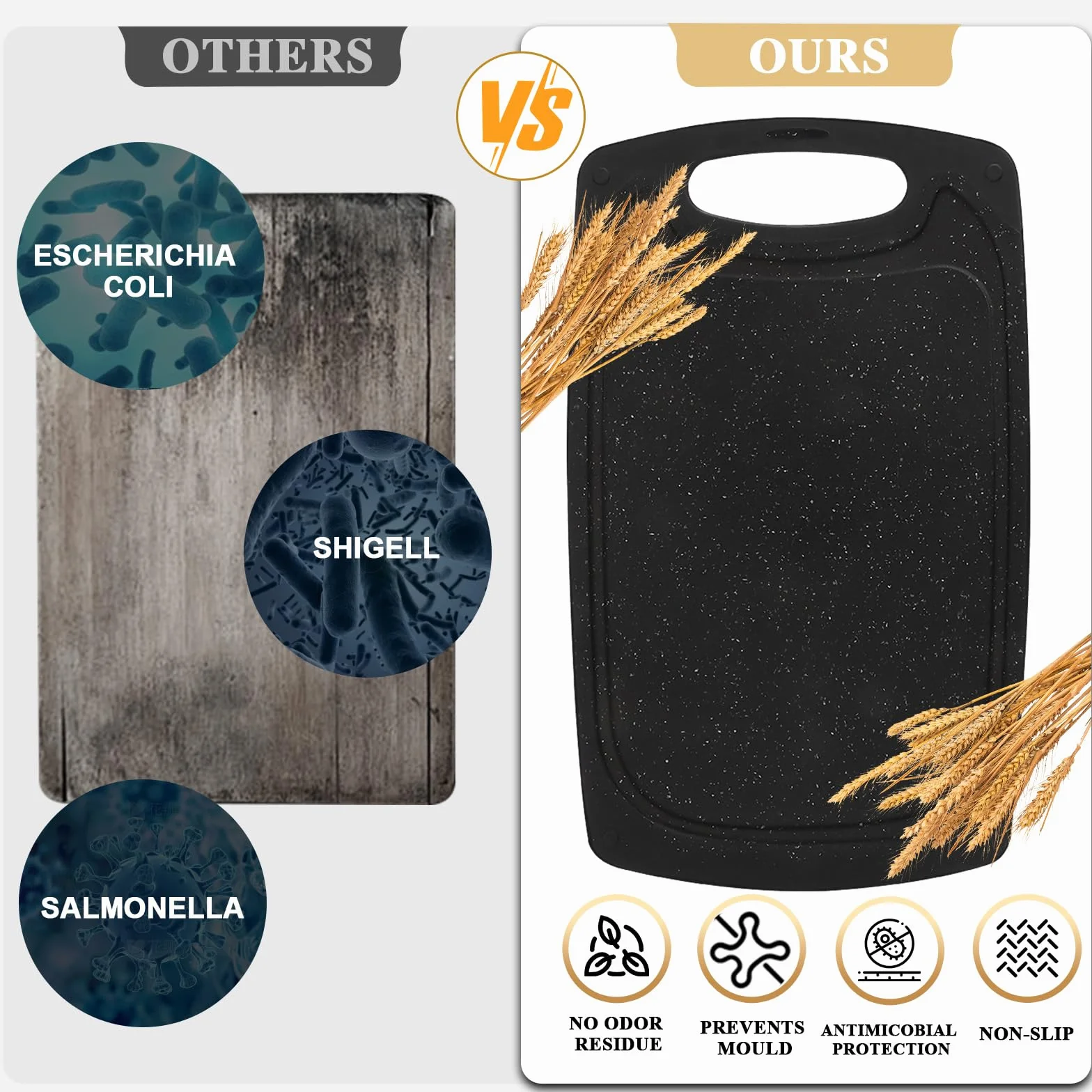 Set de 3 Tablas de Cortar de Plástico Sin BPA con Asas y Ranura para Jugo Antideslizante Negro