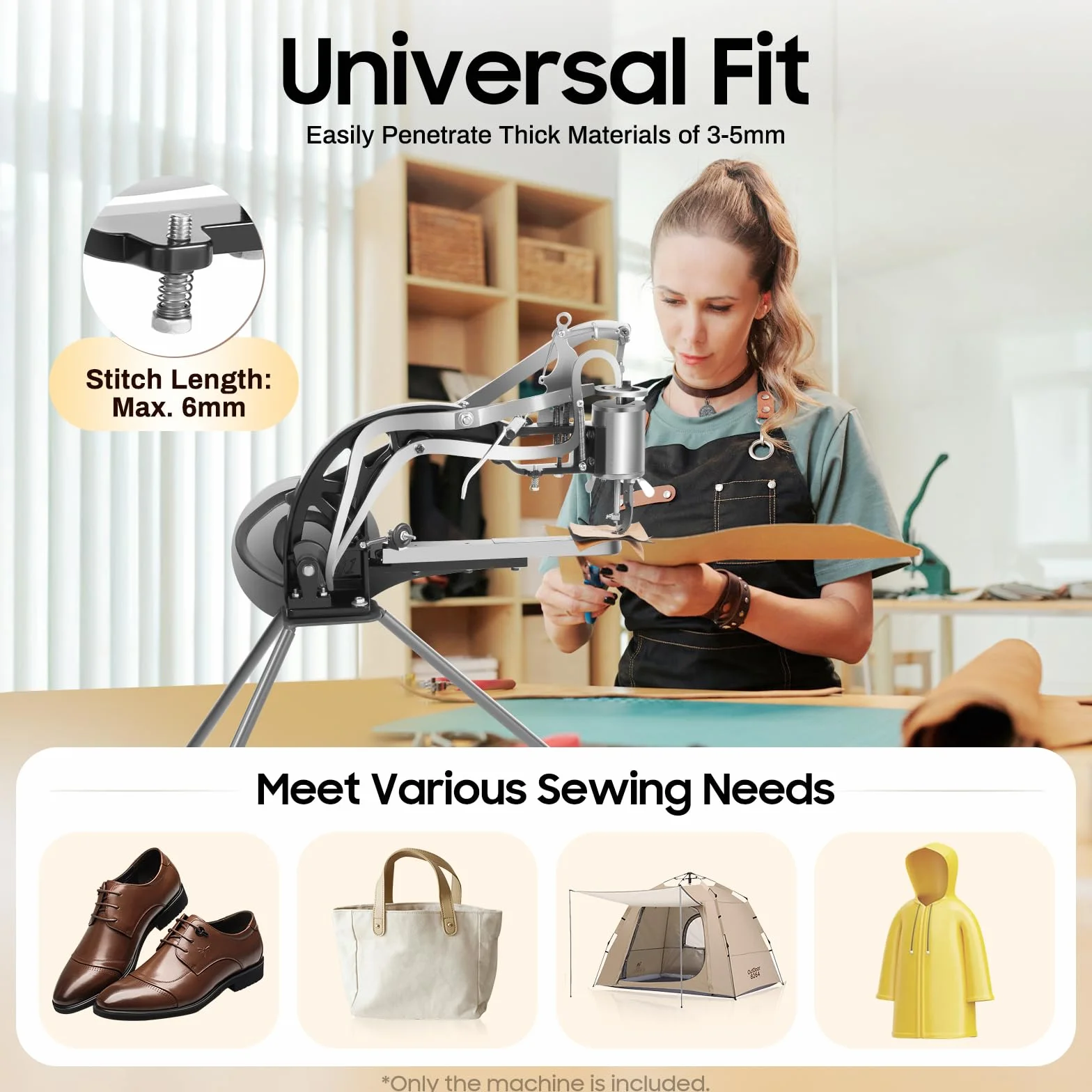 Máquina de coser de cuero, máquina de coser a mano, máquina de reparación de zapateros, longitud de puntada máx. 6 mm, ajuste de 360°, costura de cuero para cuero, goma, lona, plástico