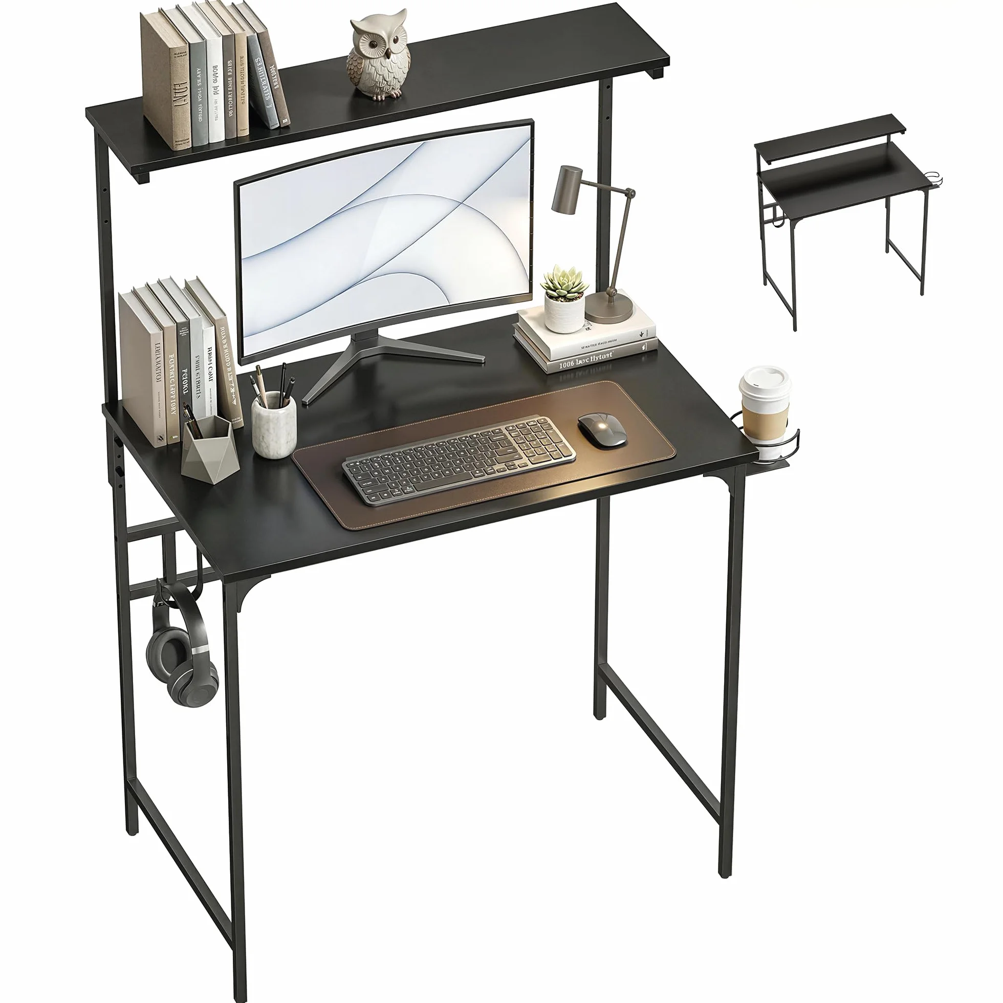 HOMCOM Escritorio PC con Estante Ajustable, portavasos 80cm Negro | Escritorio de estudio para casa, gancho para auriculares, marco metálico, escritorio compacto